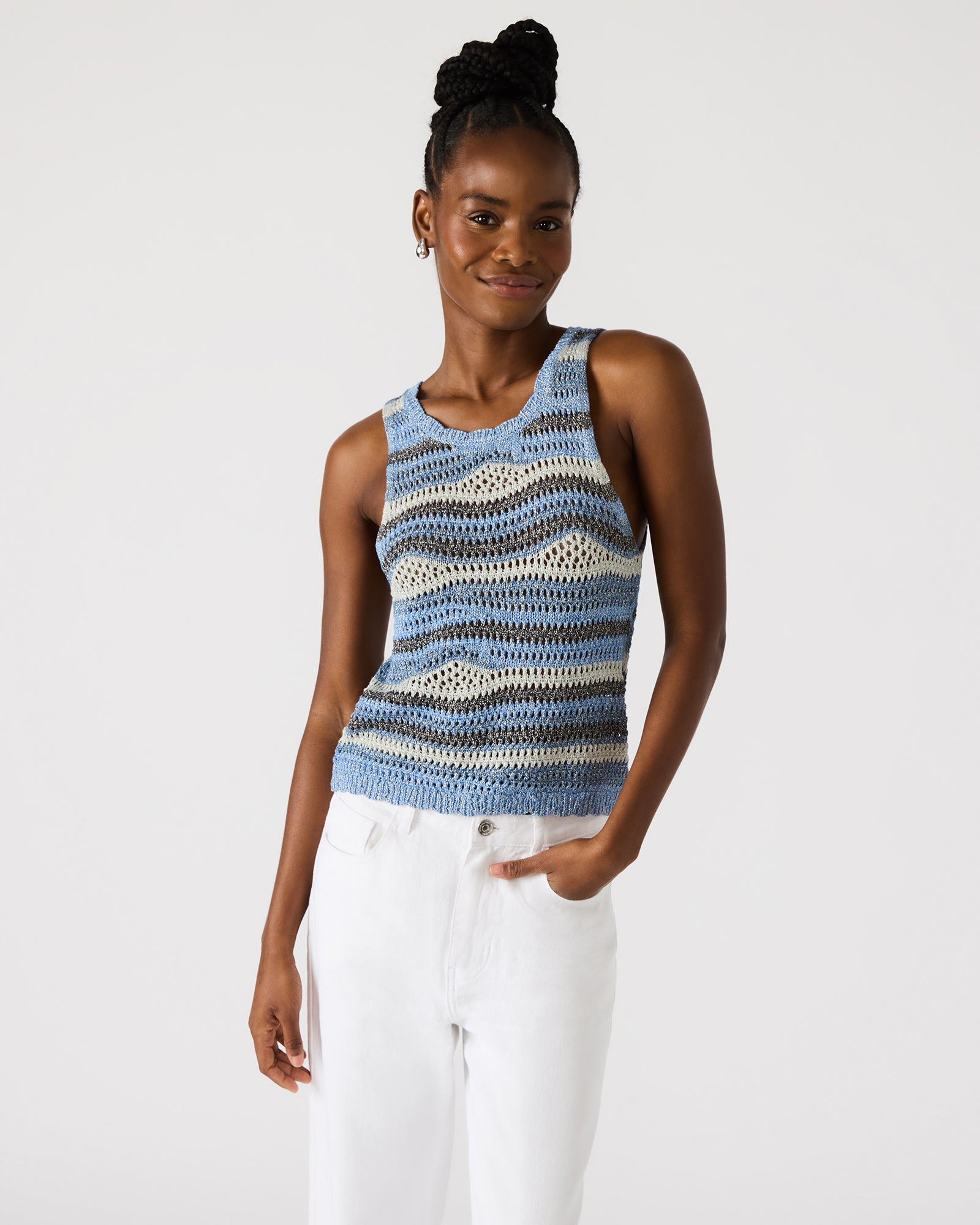 Front view of the HANNAH multi-colored crochet tank top with scalloped hem, perfect for summer style
