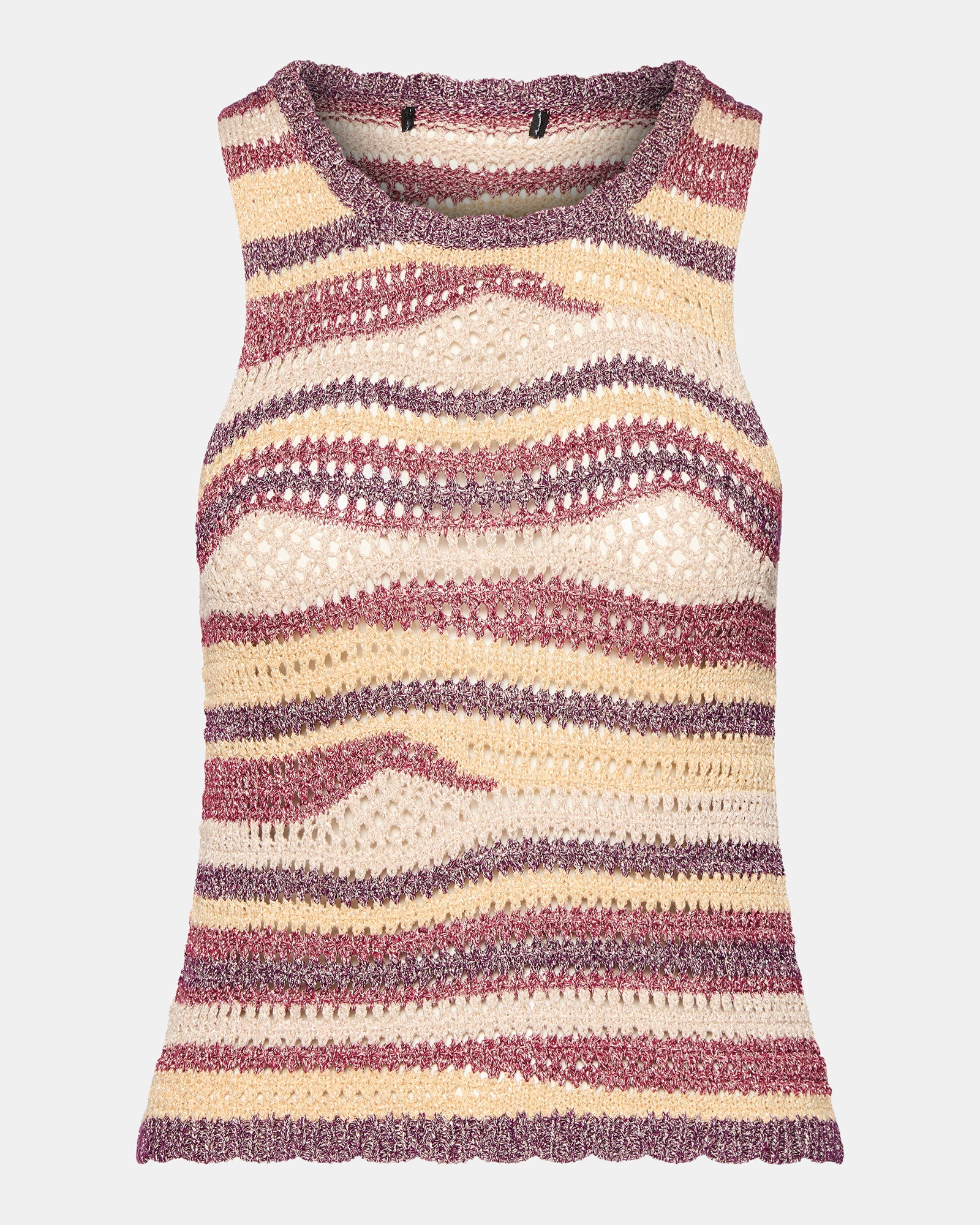 Front view of crochet tank top worn with high-rise jeans