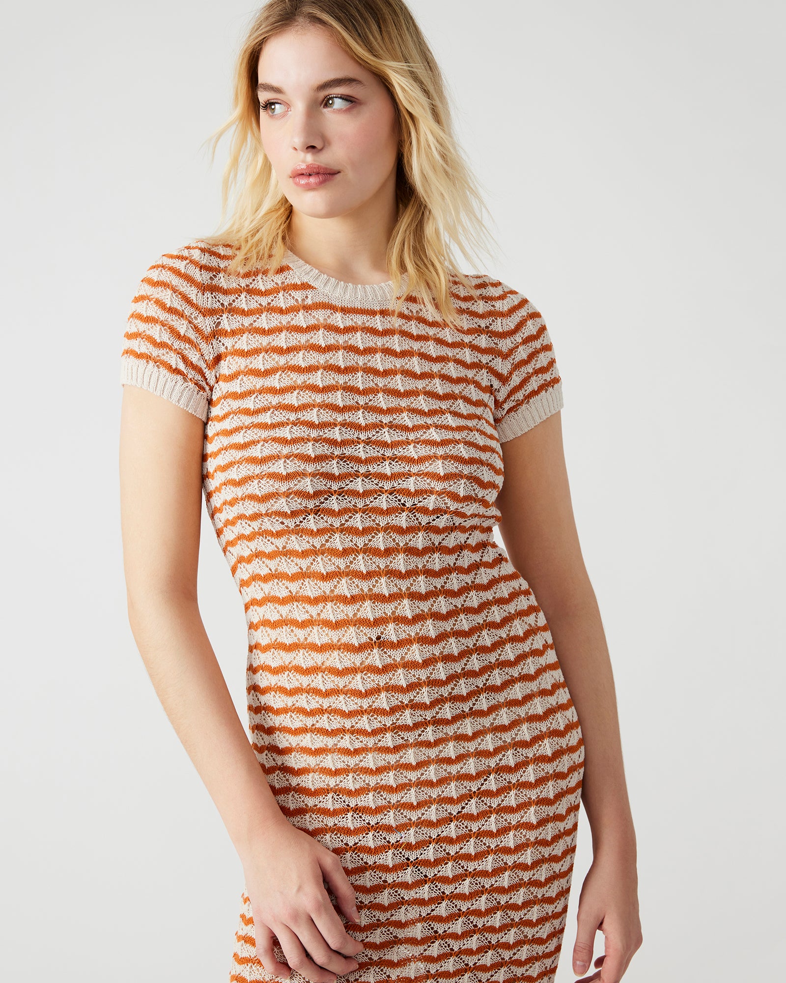 Close-up of pointelle knit texture and vibrant orange-white stripes