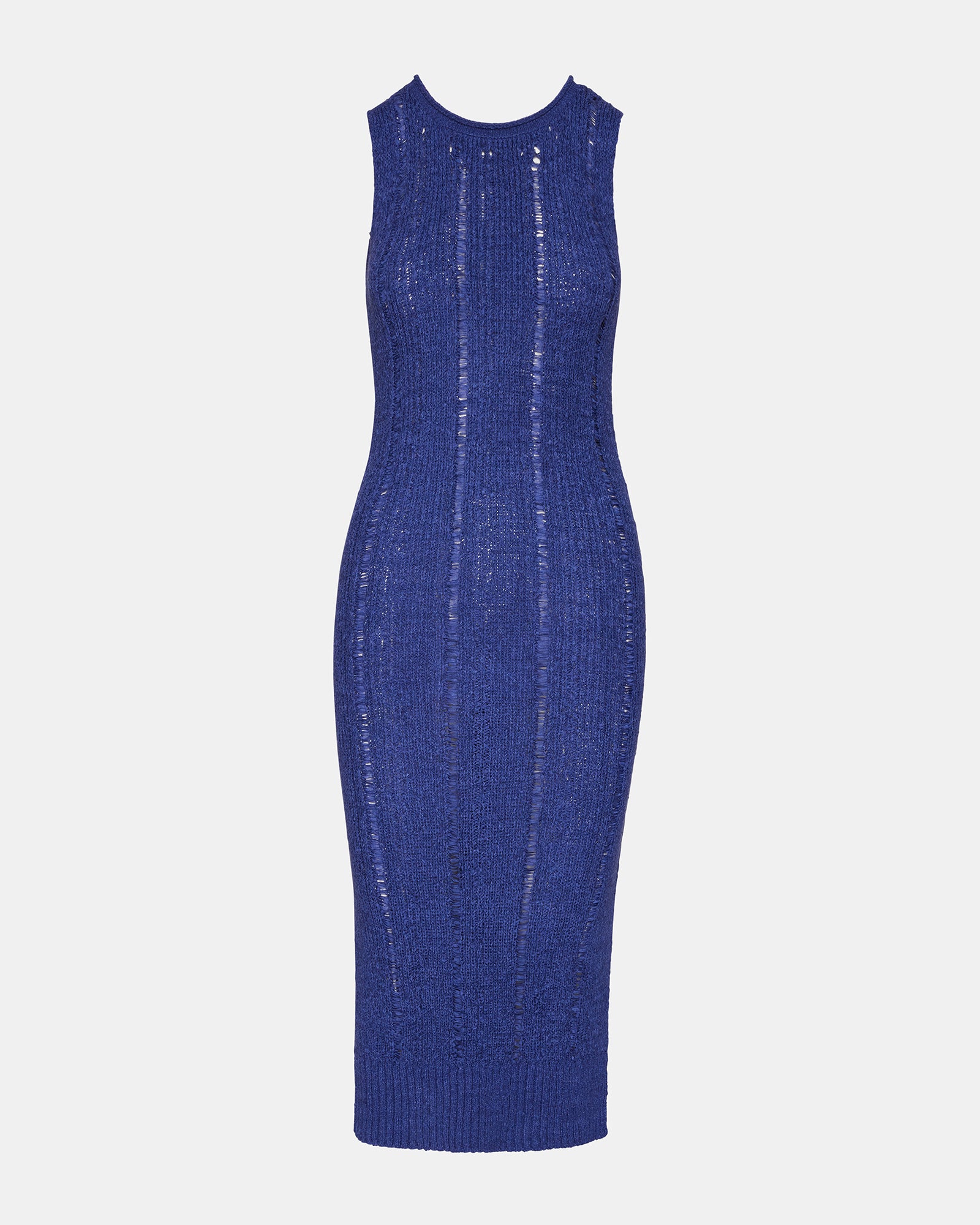 Close-up of knit texture on navy blue sweater dress