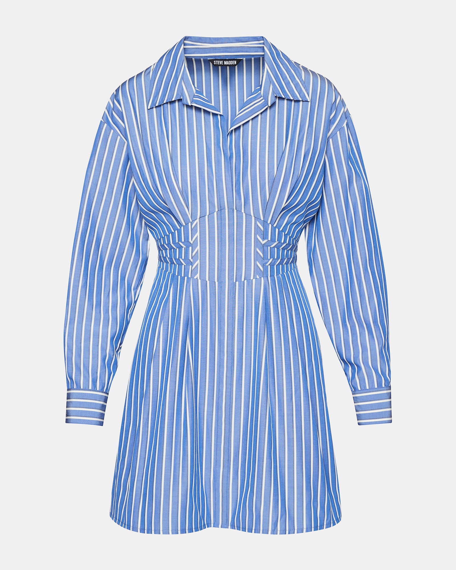 Side profile of Aria shirt dress, highlighting fit-and-flare silhouette