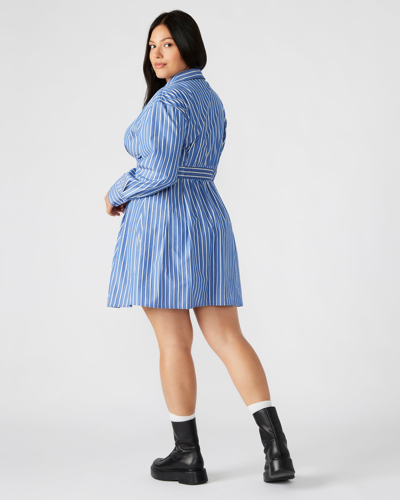 Aria blue corset mini dress front view, showcasing button-up design