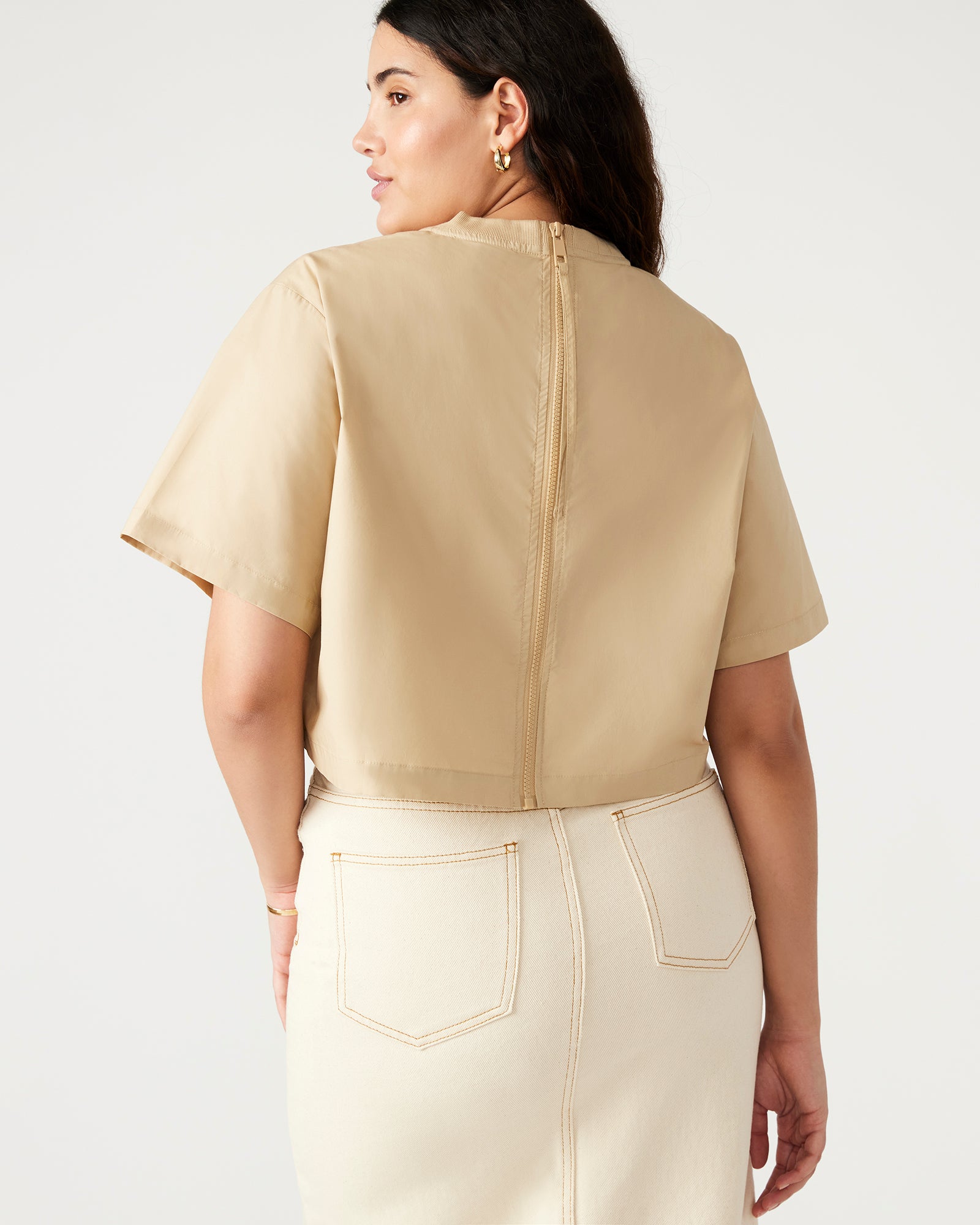 Front view of the cropped t shirt showing boxy top fit and rib neckline