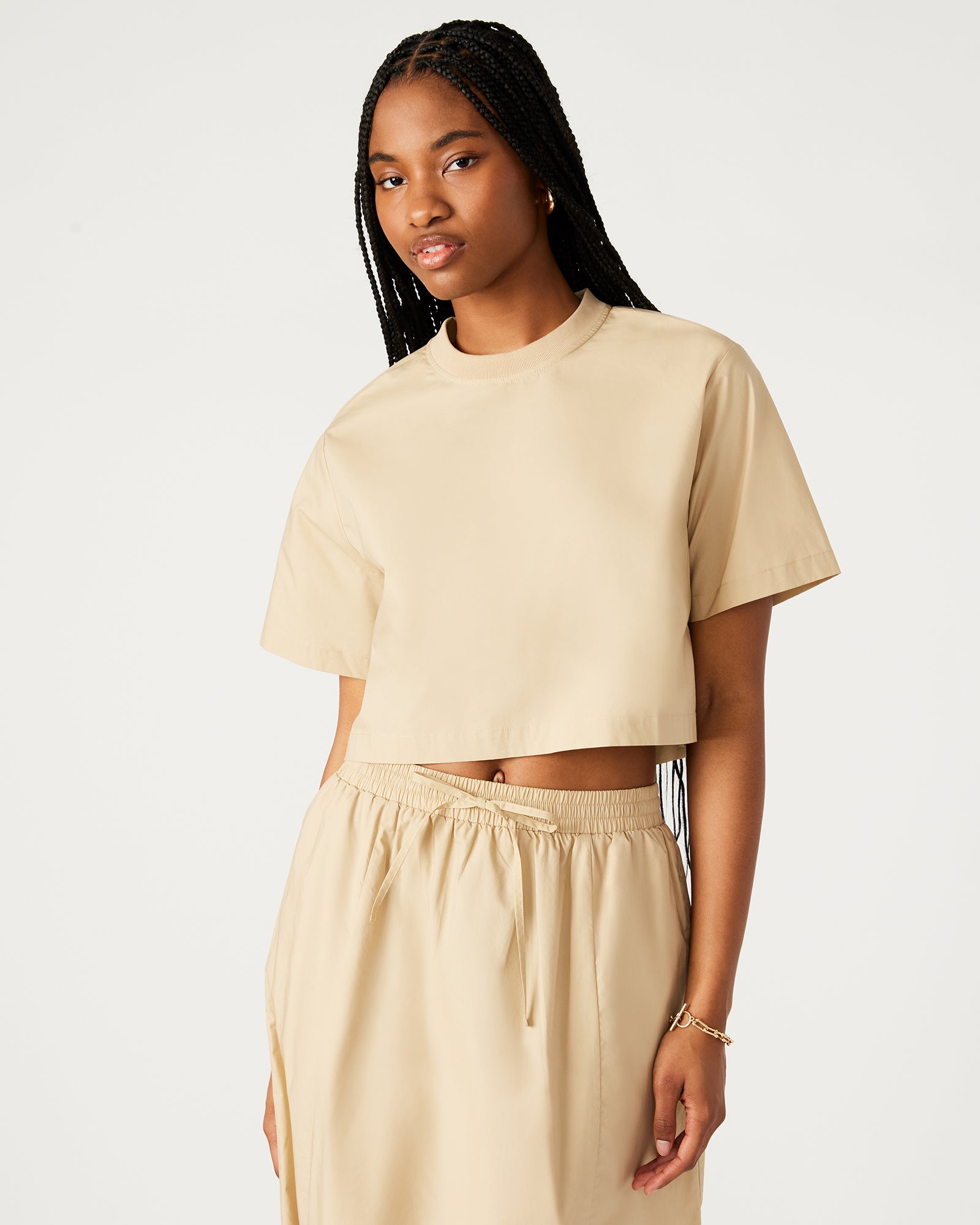 Front view of the cropped t shirt showing boxy top fit and rib neckline