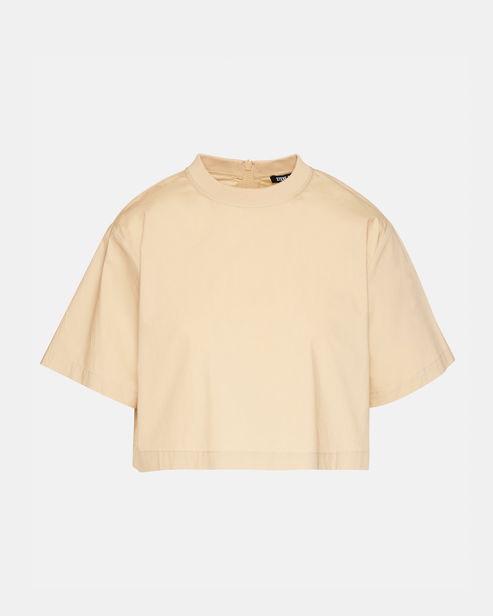 Front view of the cropped t shirt showing boxy top fit and rib neckline