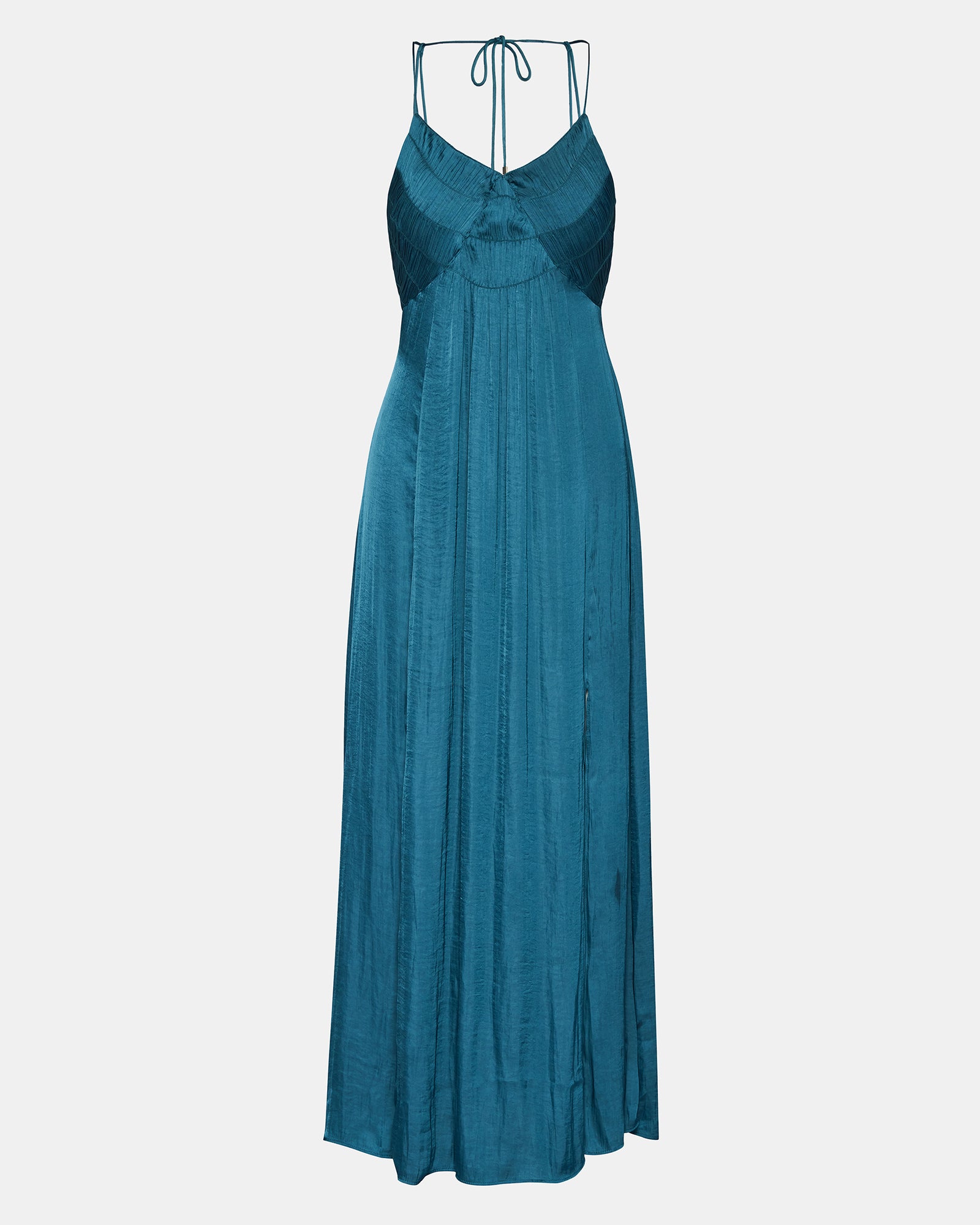 Elegant navy blue maxi dress on a model in a garden setting