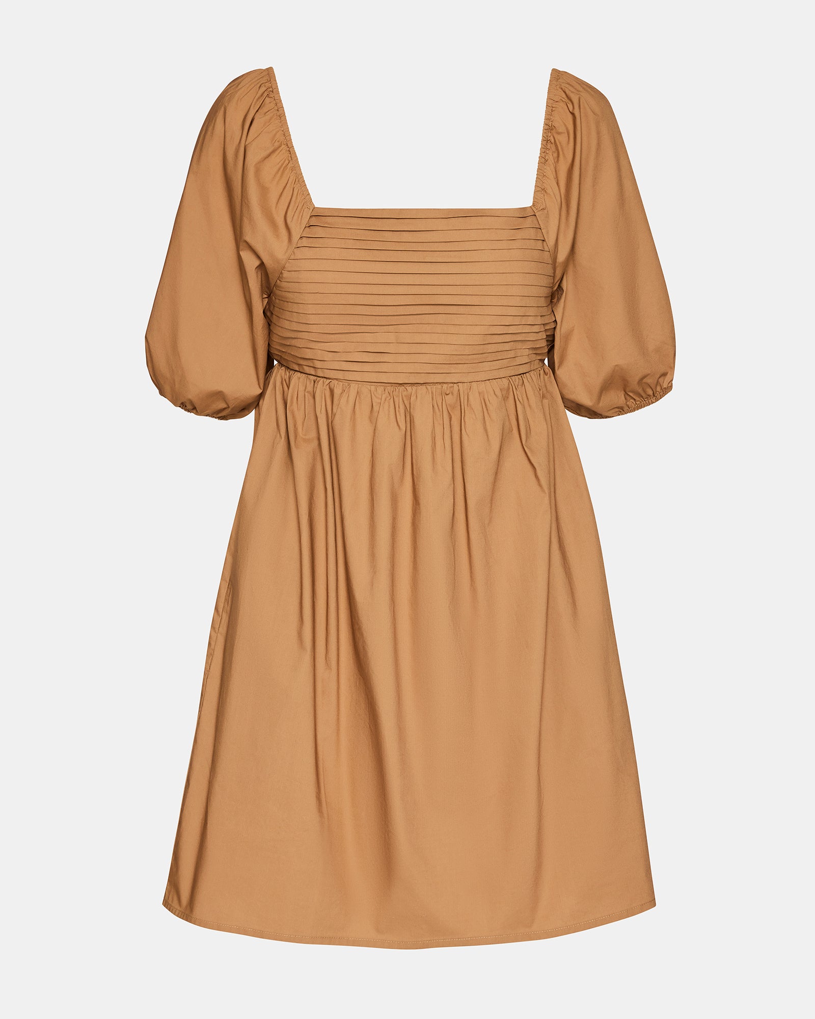 Inara beige mini dress front view, showcasing puff sleeves and square neckline.