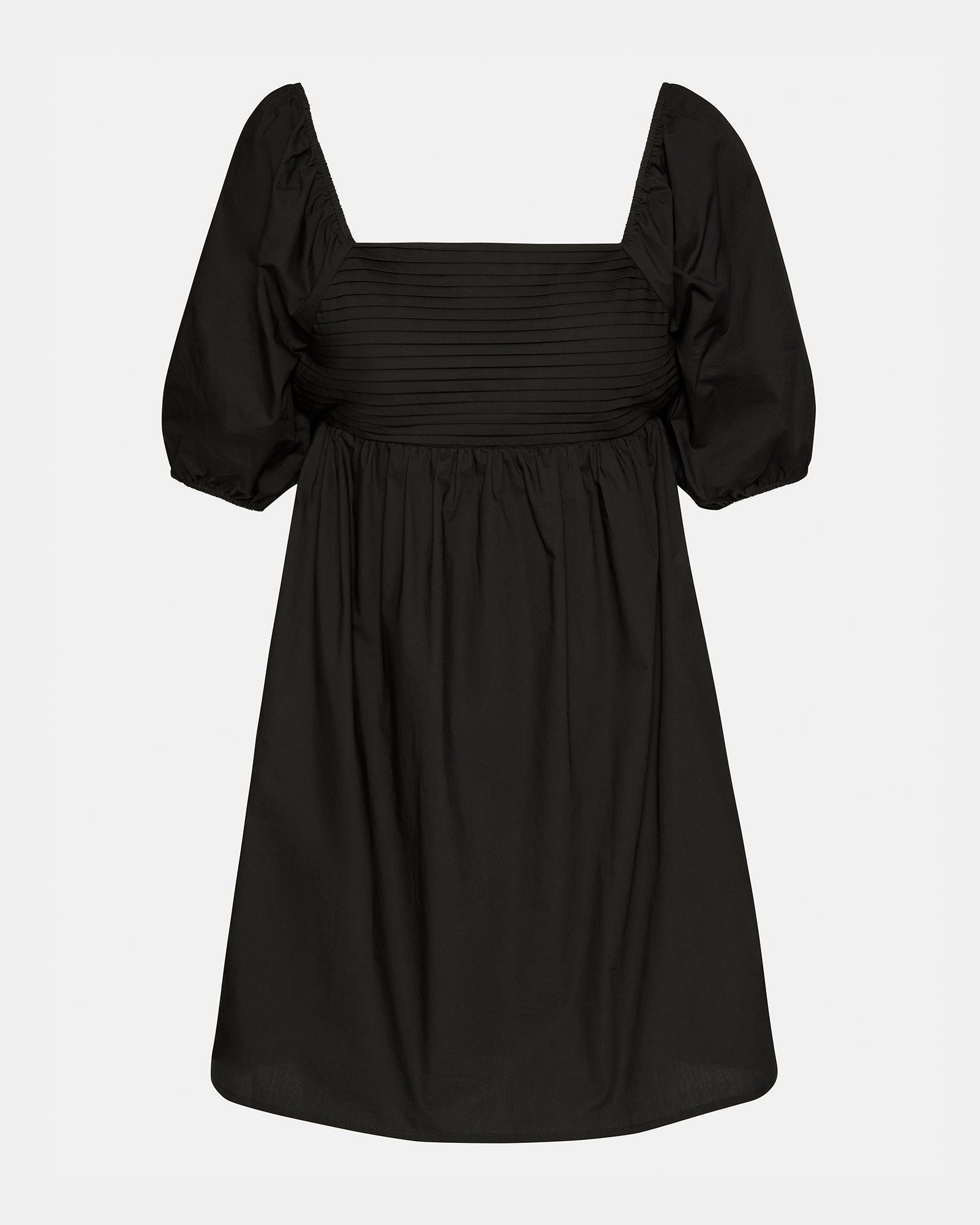 Front view of the black mini dress with puff sleeves and square neckline