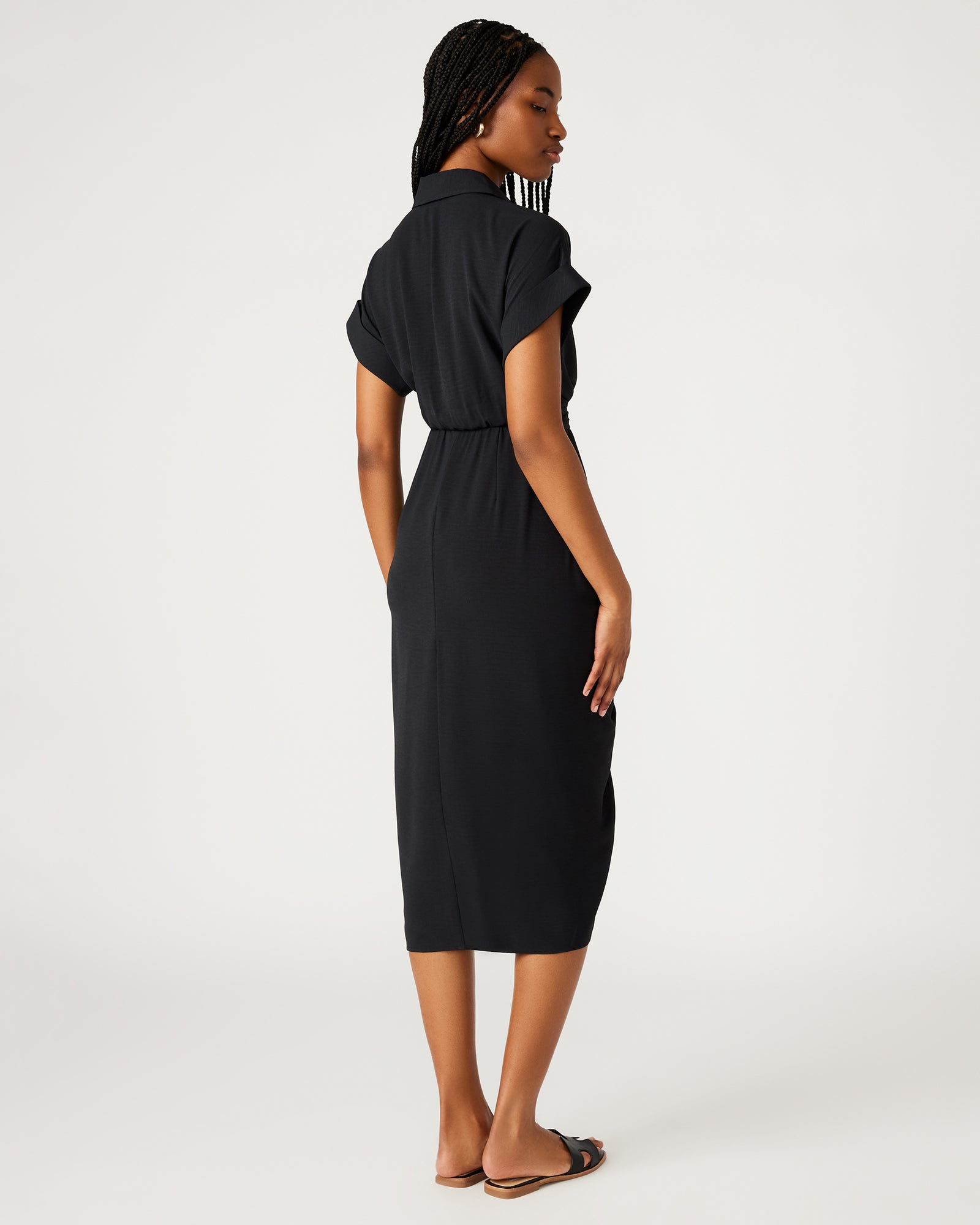 Front view of black midi dress with sleeves, showcasing tie-front detail