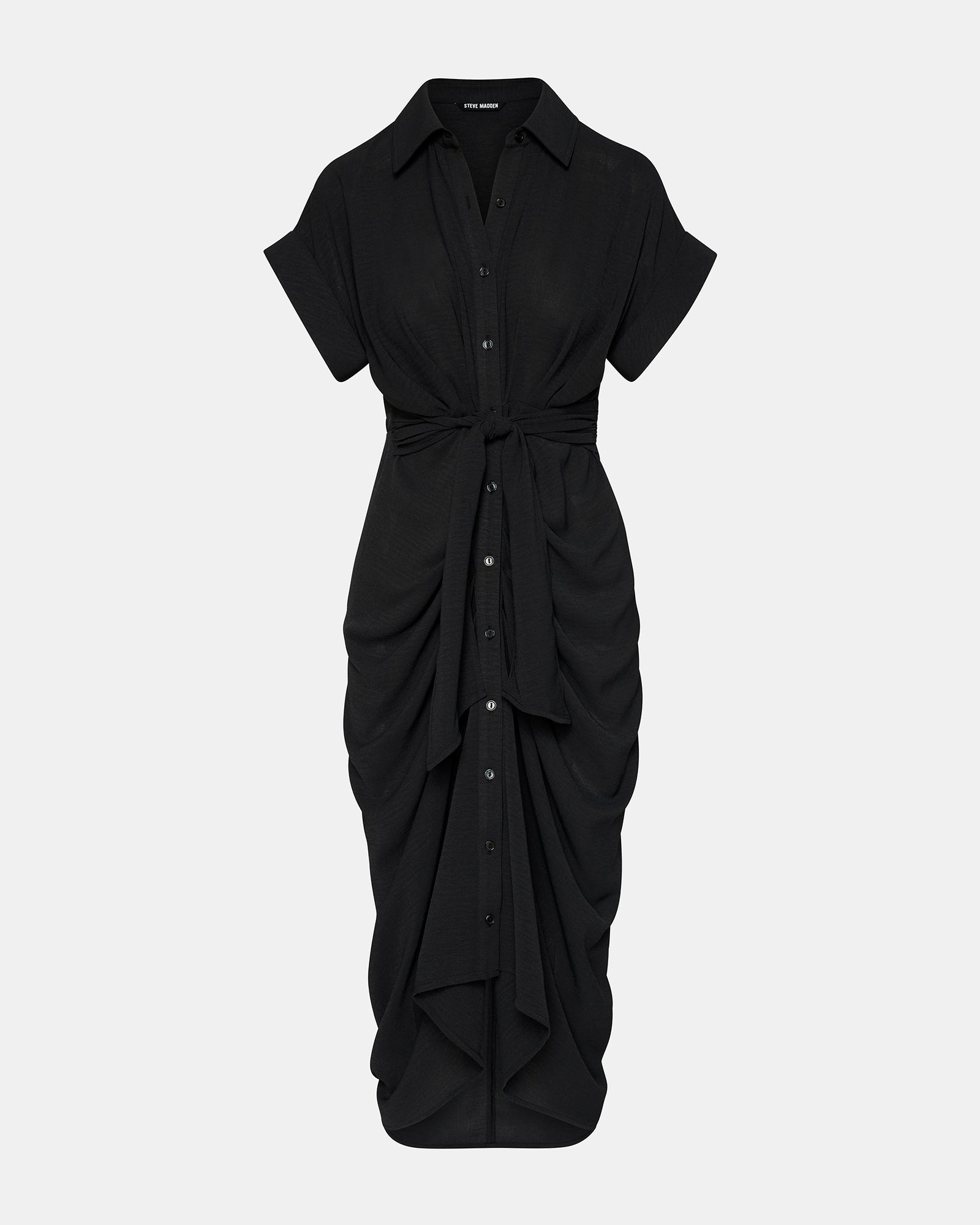 Close-up of button-up closure and crepe fabric texture on midi black dress