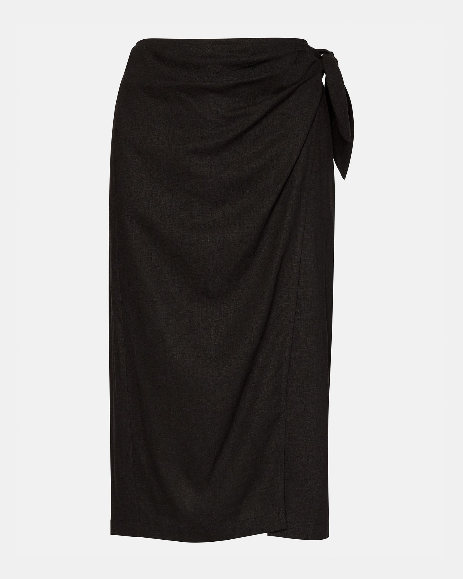 Side view of the Isadora wrap skirt midi showcasing its elegant drape.
