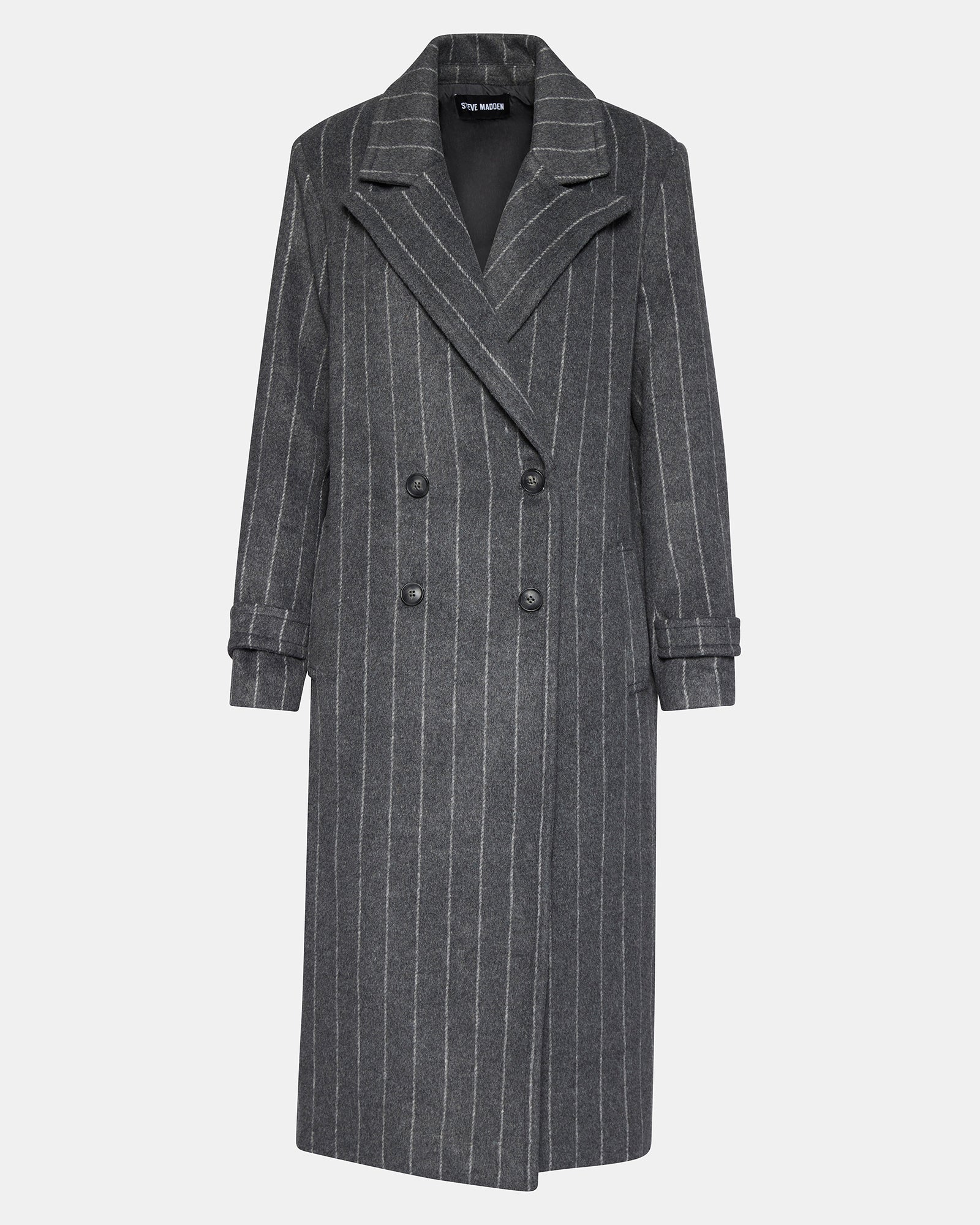 Front view of a pinstripe double-breasted trench coat on a model