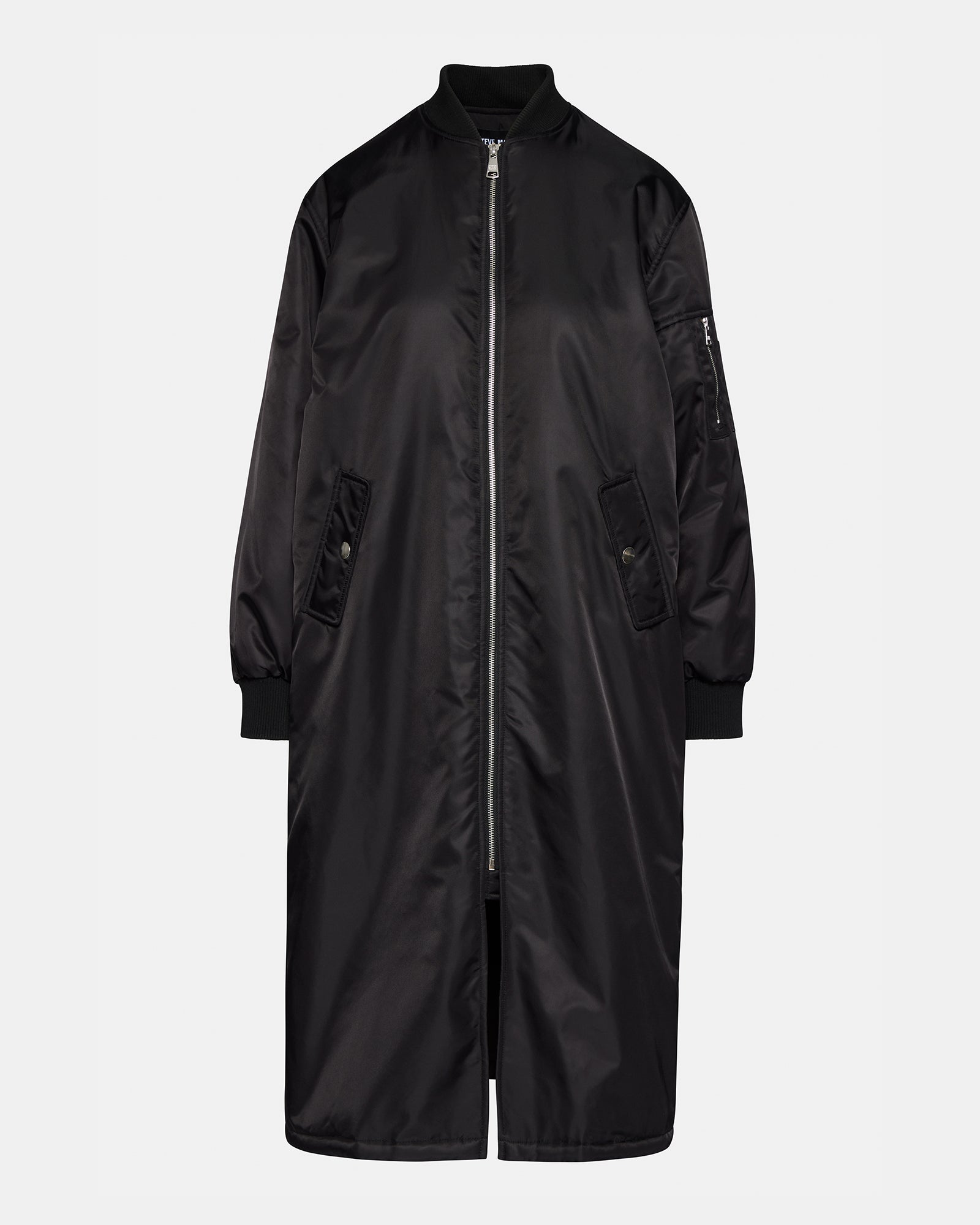 Front view of the VINDY long bomber coat in black, showcasing its stylish design.