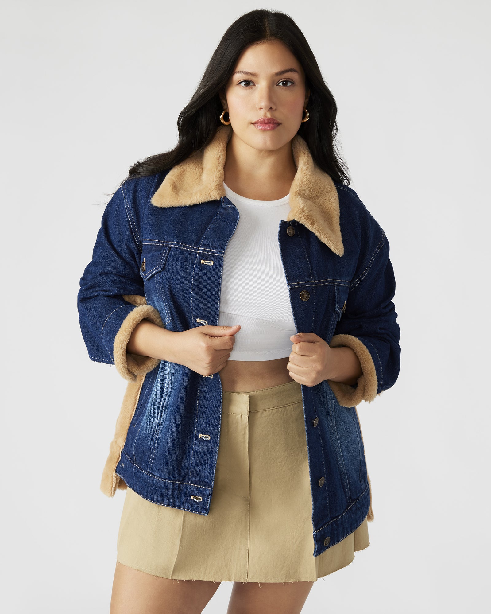 Close-up of fur-trimmed collar on WINONA denim trucker jacket