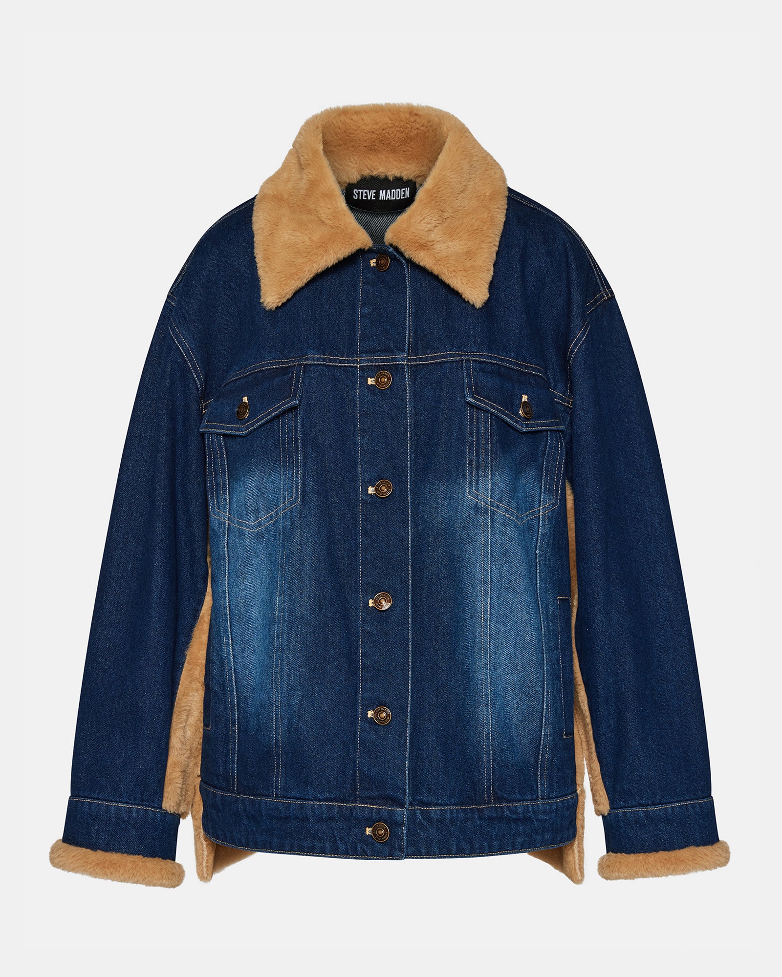 Close-up of fur-trimmed collar on WINONA denim trucker jacket