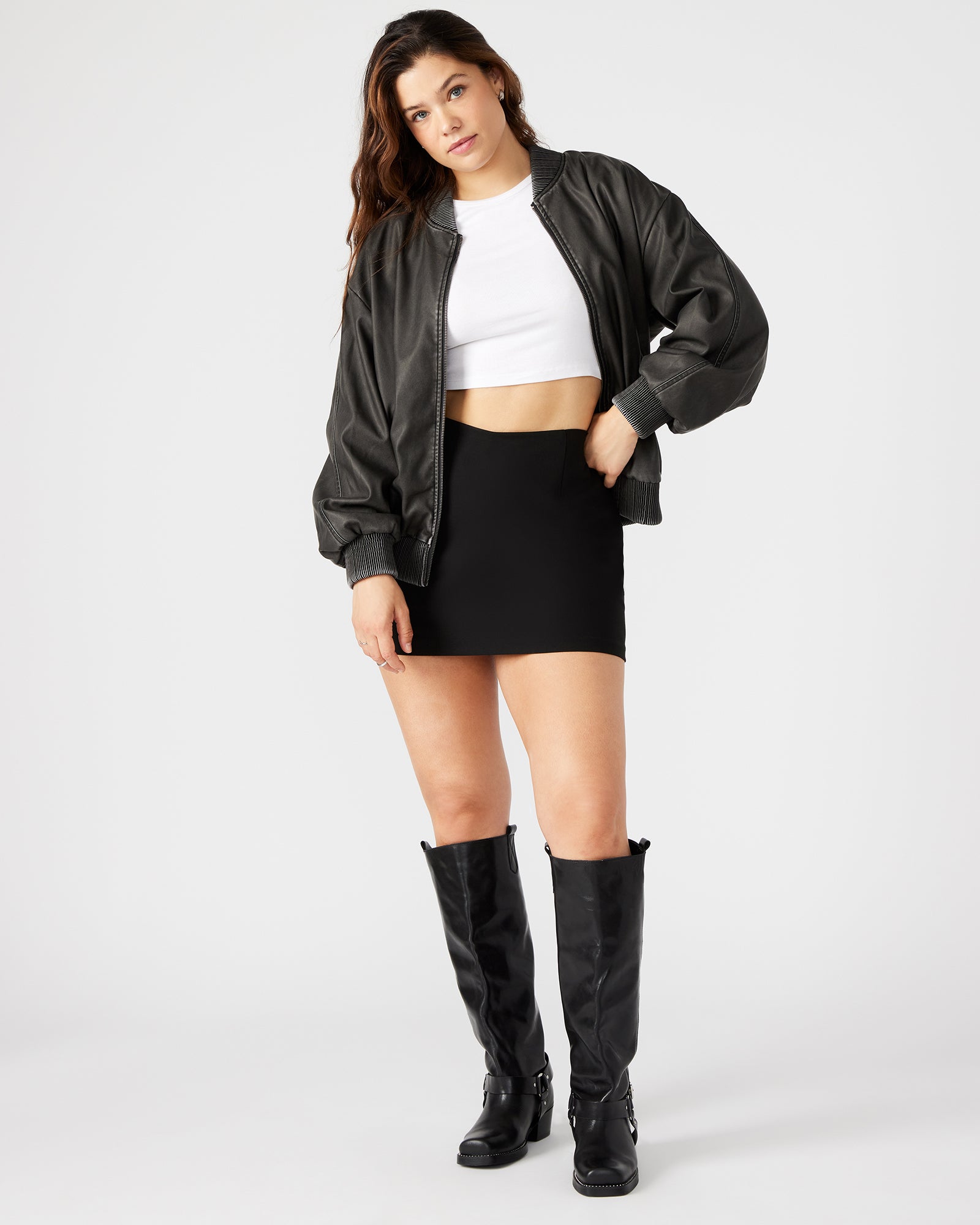 Back view highlighting relaxed cut of black bomber jacket for daily use