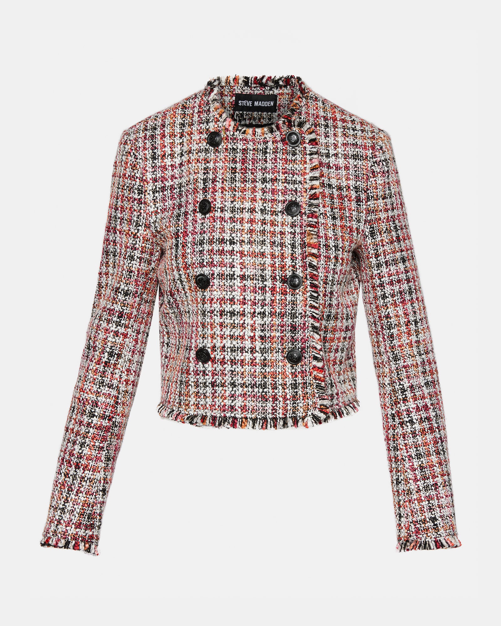 Back view of the Antoinette collarless tweed blazer, emphasizing the fully lined interior.