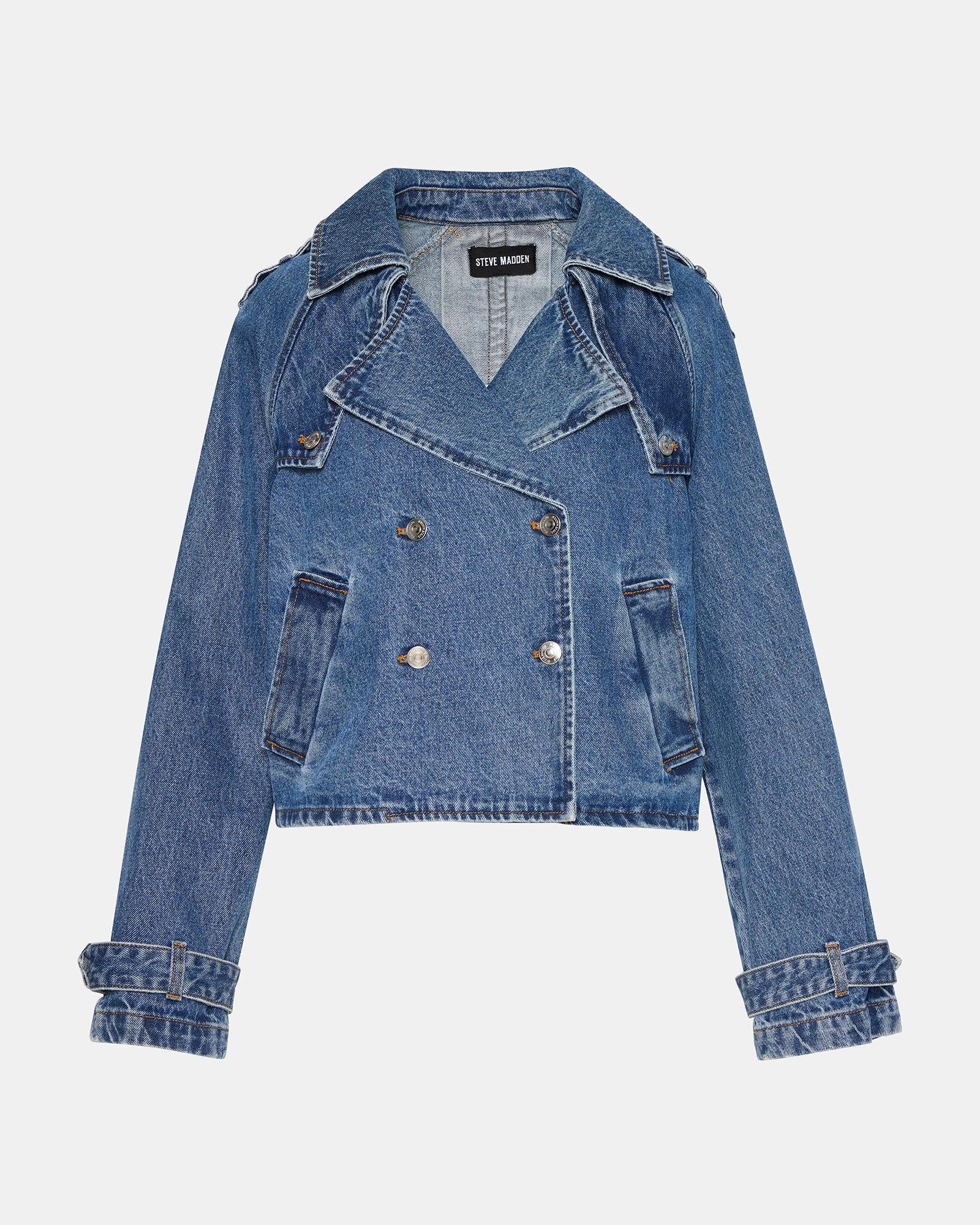 Front view of the SIRUS cropped denim jacket on a model, highlighting its double-breasted design.