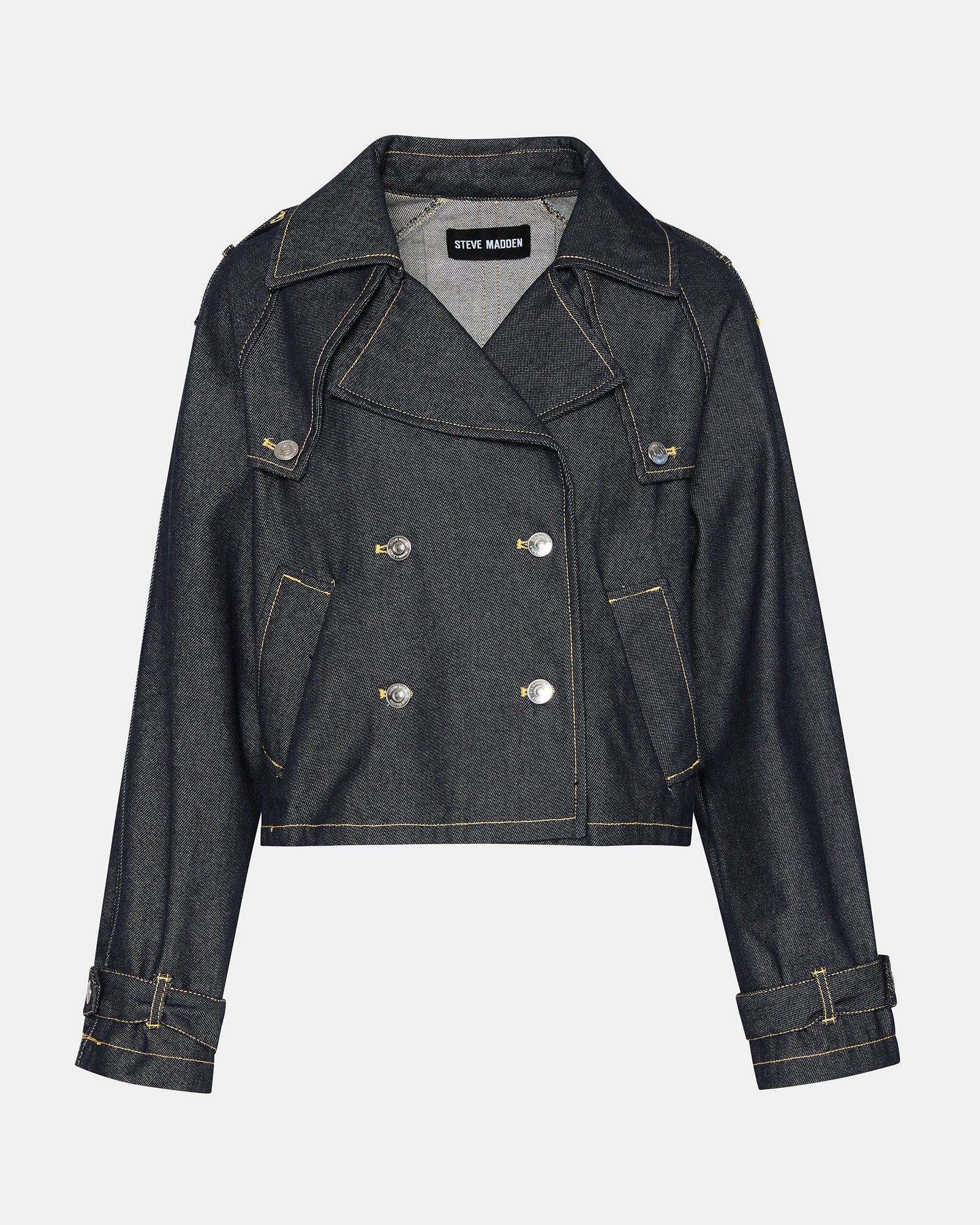 Back view of cropped trench coat with pleated flap and shoulder epaulettes.