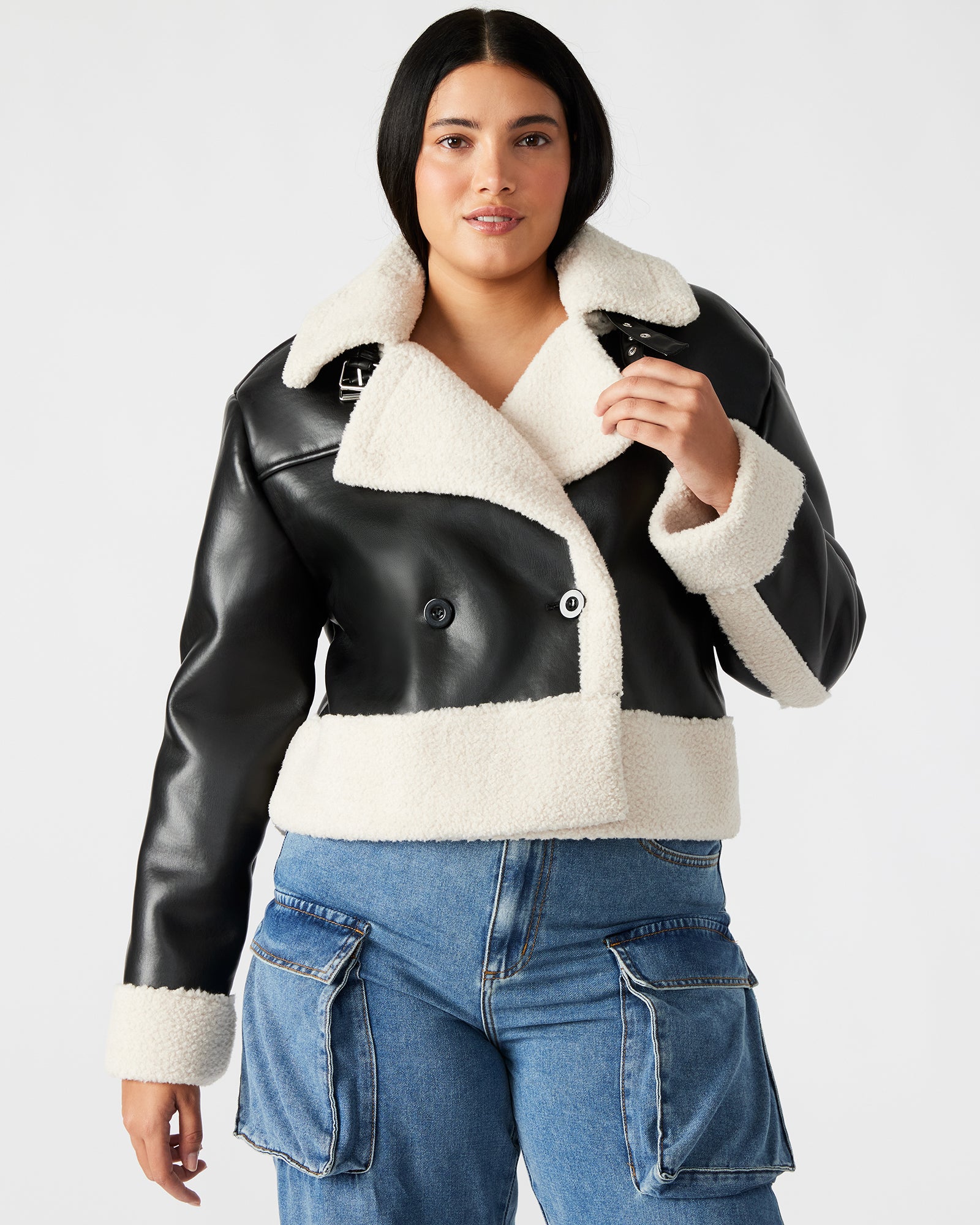 Front view of Athen oversized aviator jacket with faux shearling trim.
