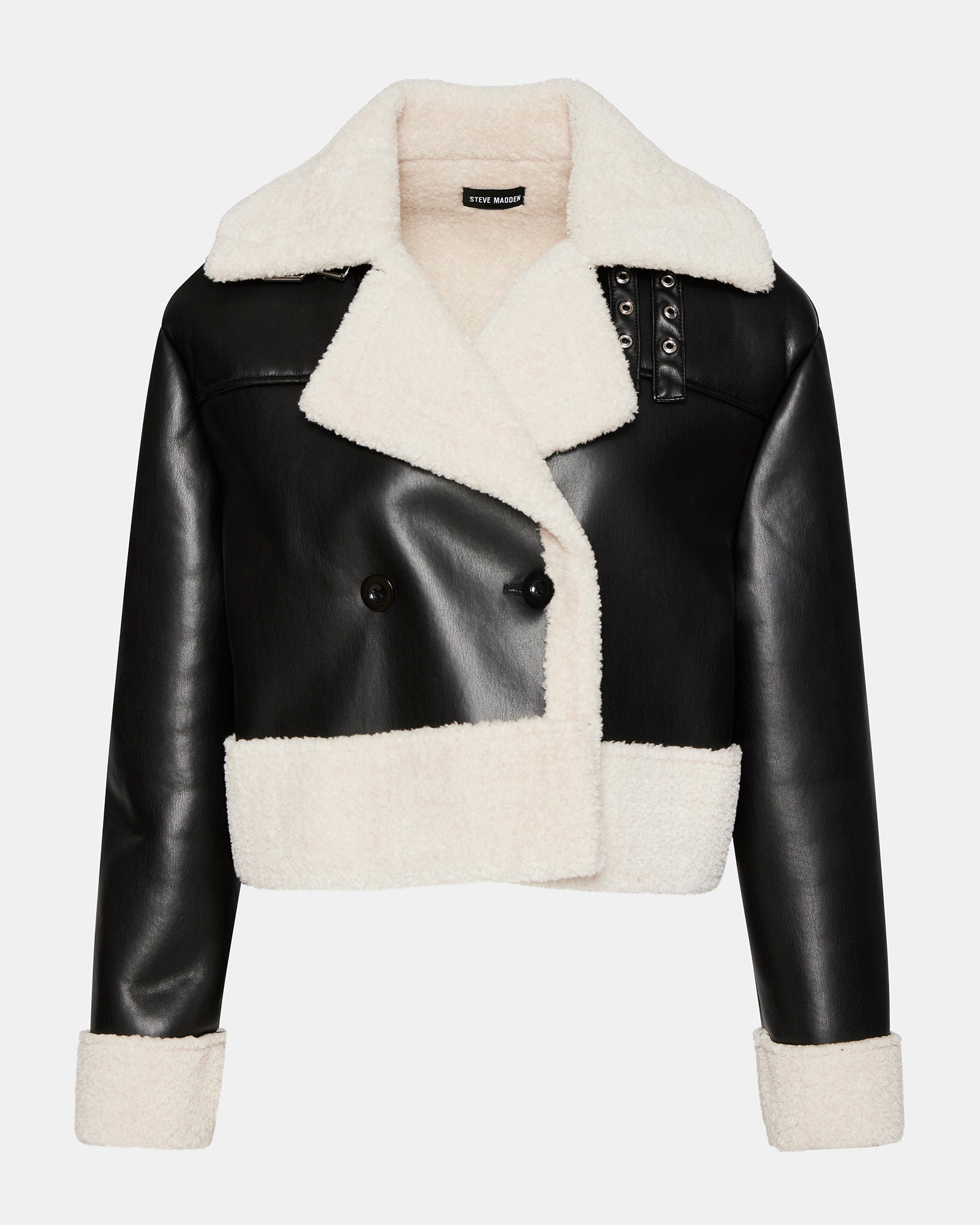 Front view of Athen oversized aviator jacket with faux shearling trim.