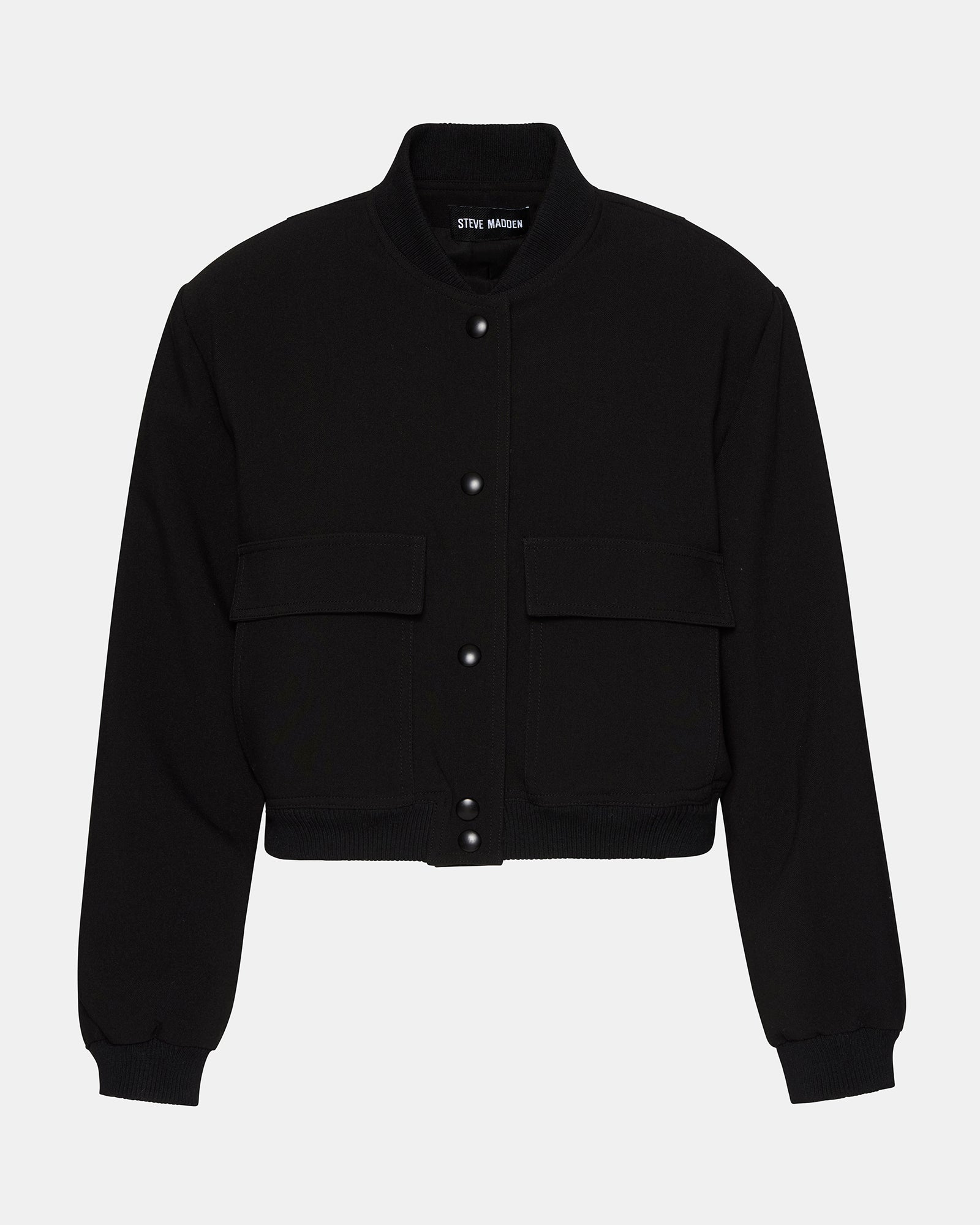 Front view of stylish black leather bomber jacket on model.