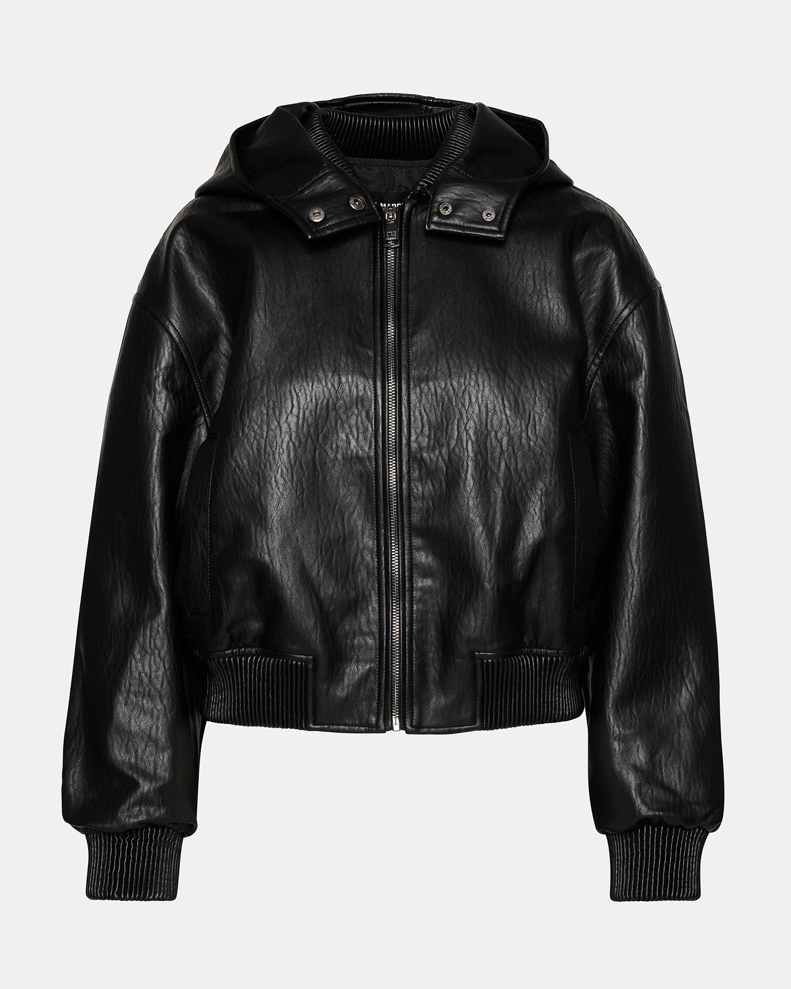 Front view of black cropped bomber jacket on hanger