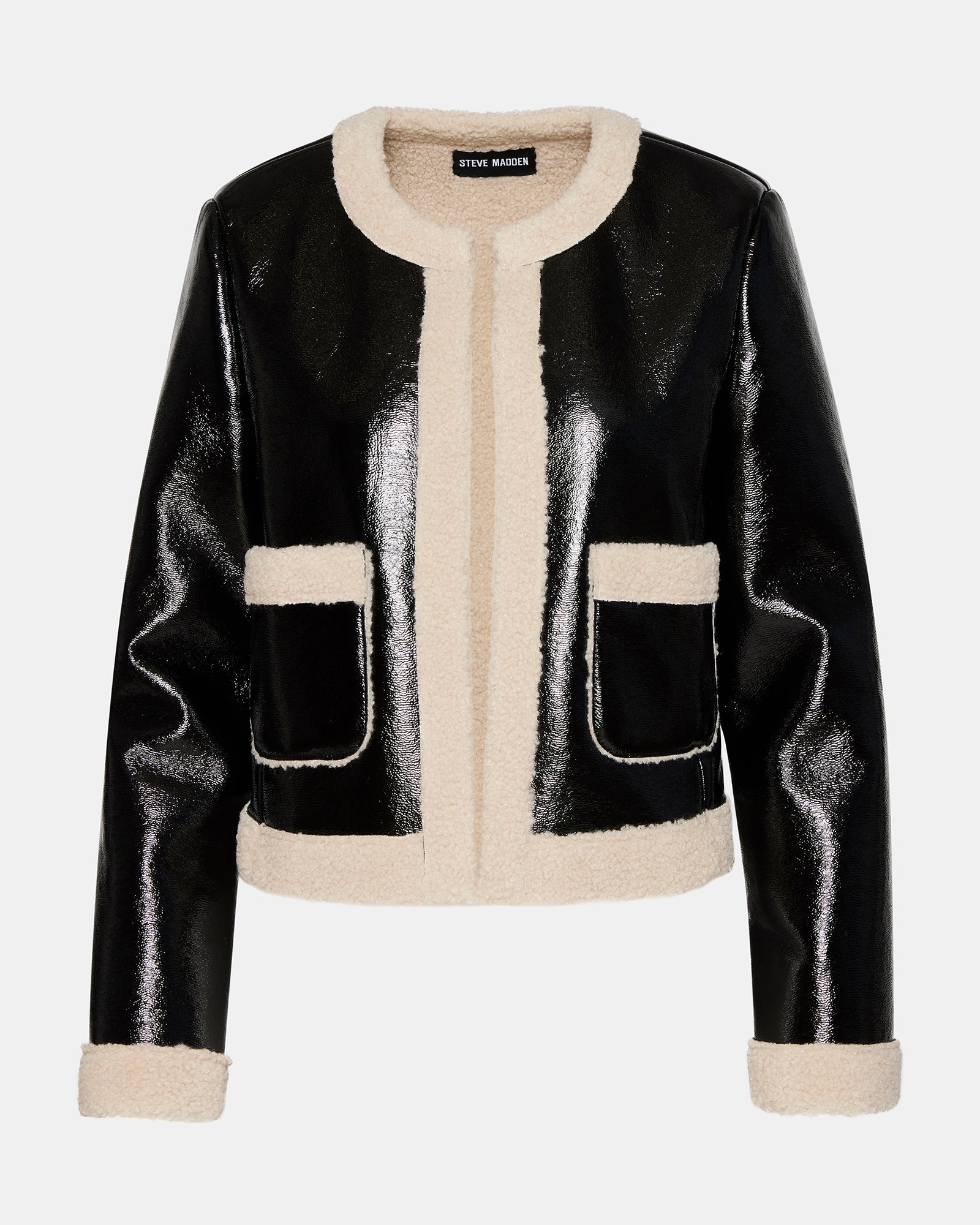 Front view of the faux leather sherpa open jacket, showcasing its collarless design.