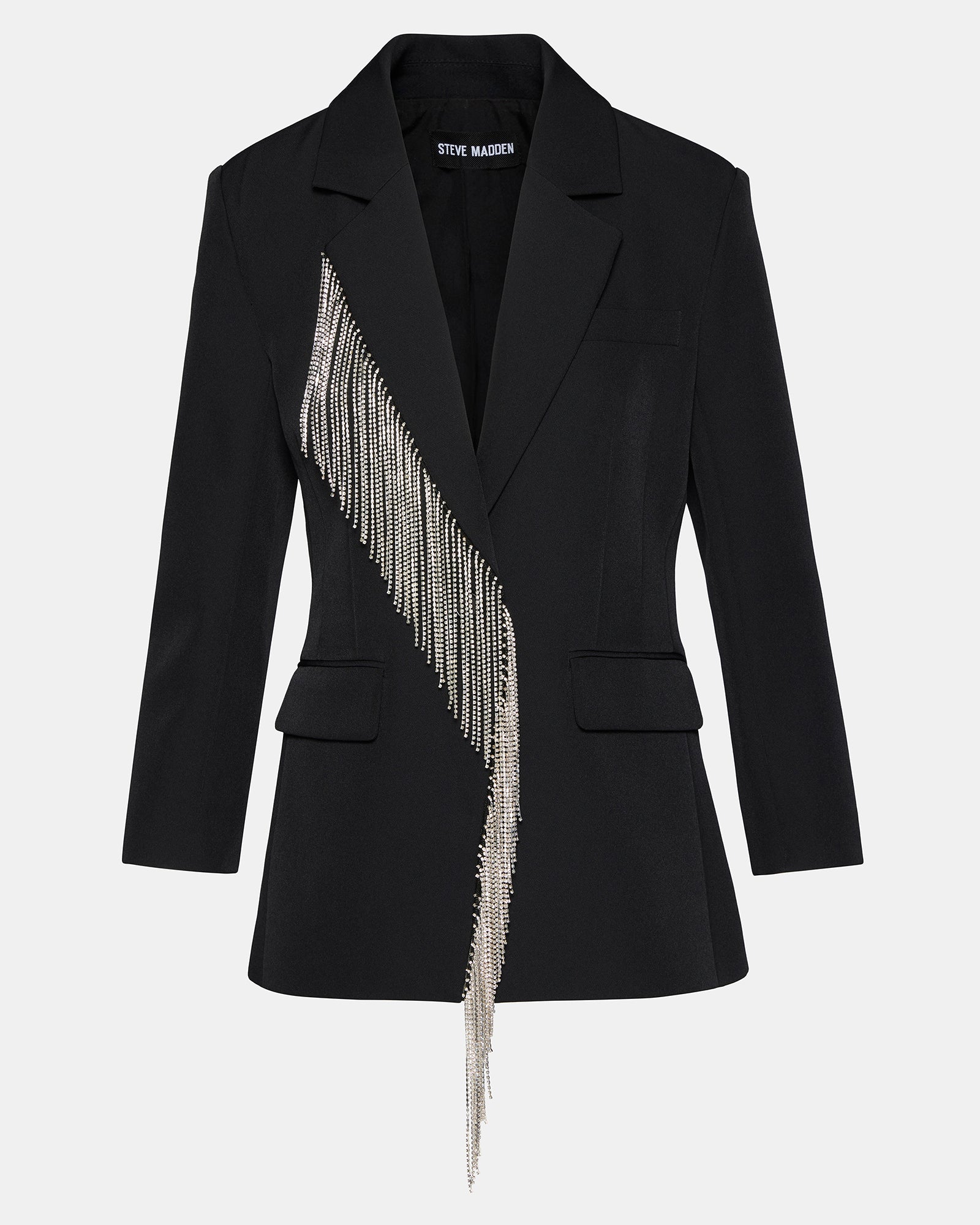 Back view of party blazer with vented hem, ideal for urban nightlife