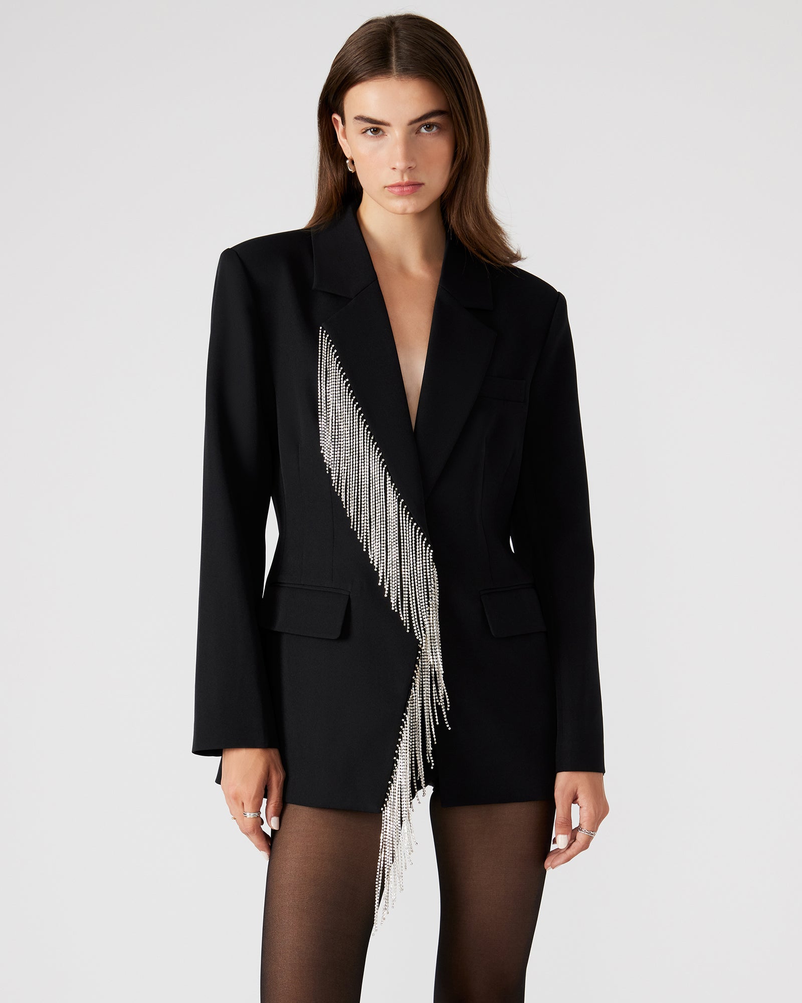Front view of women's blazer showing rhinestone fringe and tailored fit