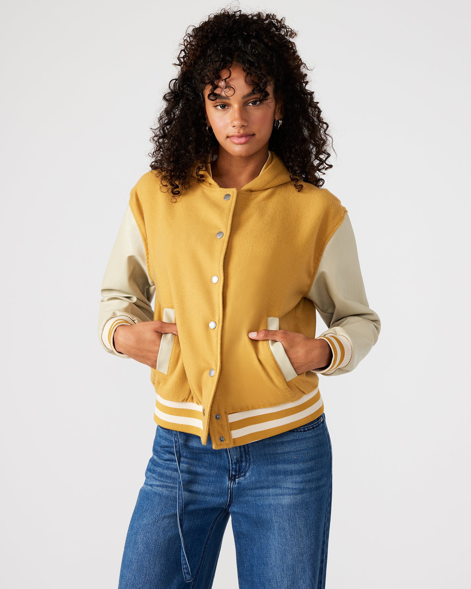Front view of the stylish hooded jacket with functional pockets