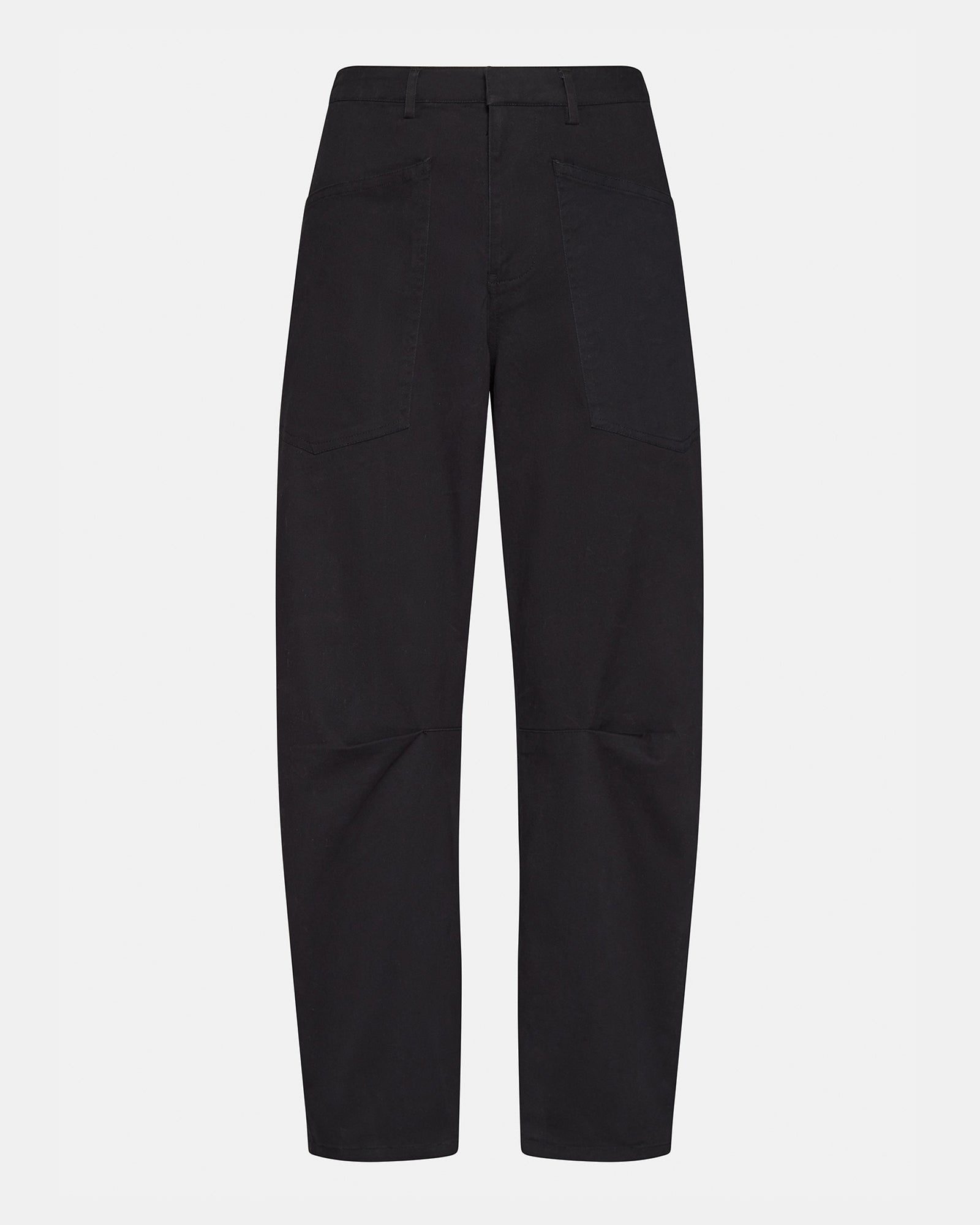 Front view of stylish cotton twill barrel leg pants in black, showcasing utility pockets.