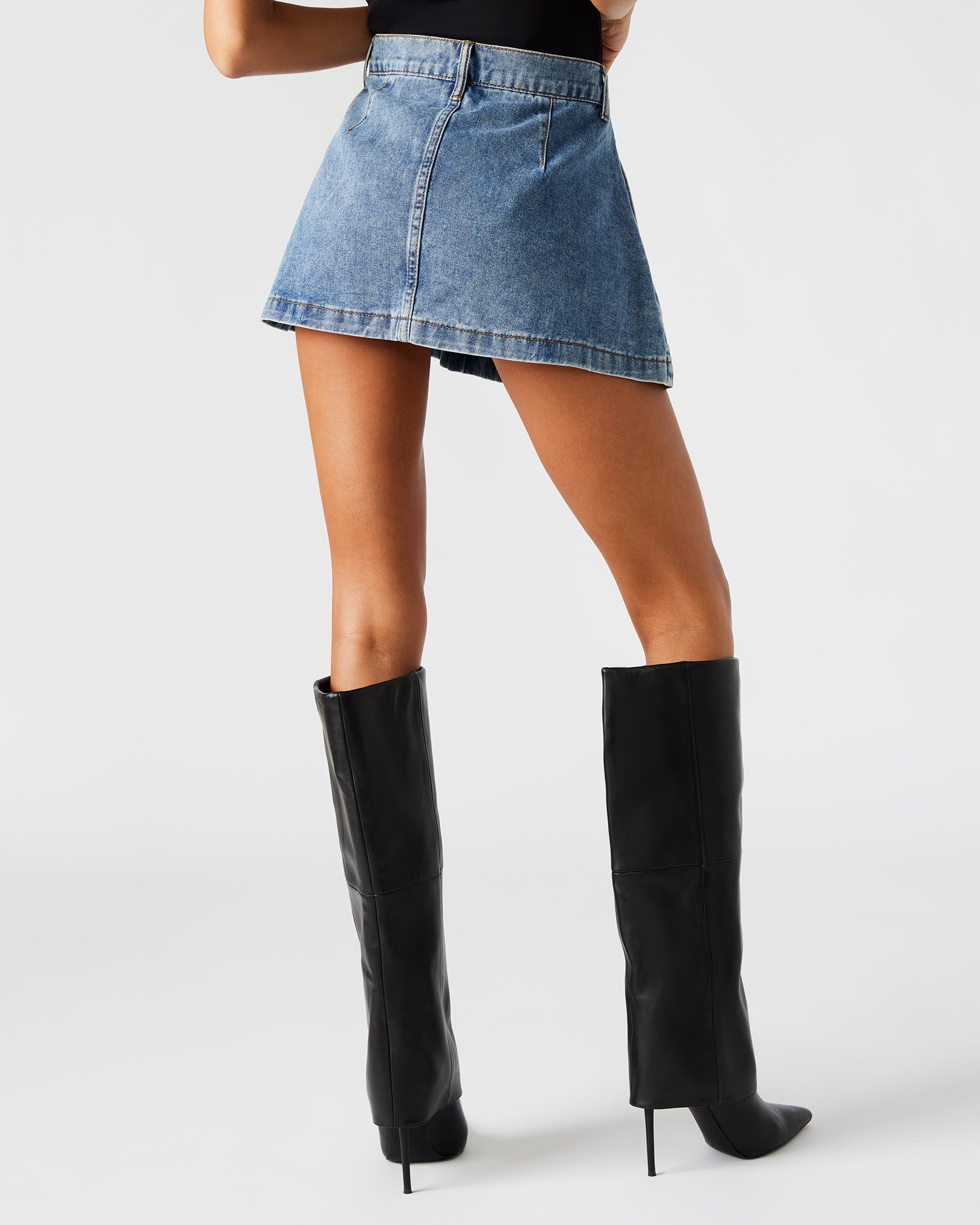 Front and back styling options for womens denim skorts