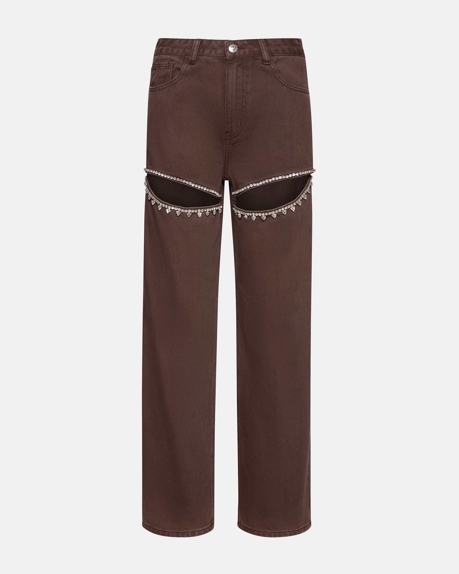 Front view of cocoa brown wide leg jeans with rhinestone details, styled for a casual look.
