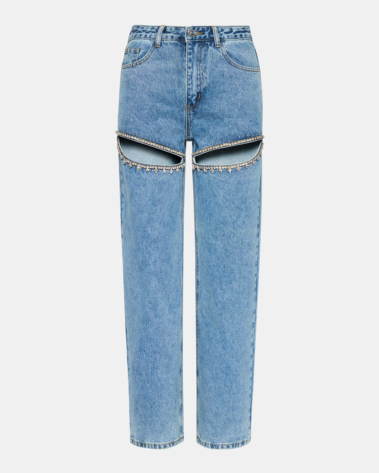 Side angle of womens black jeans, highlighting the wide-leg fit and embellishments