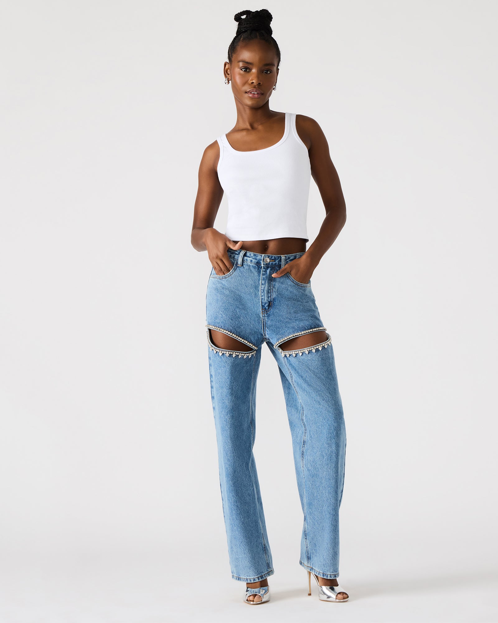 Front view of Taylor high-rise wide-leg jeans in black, showcasing rhinestone details