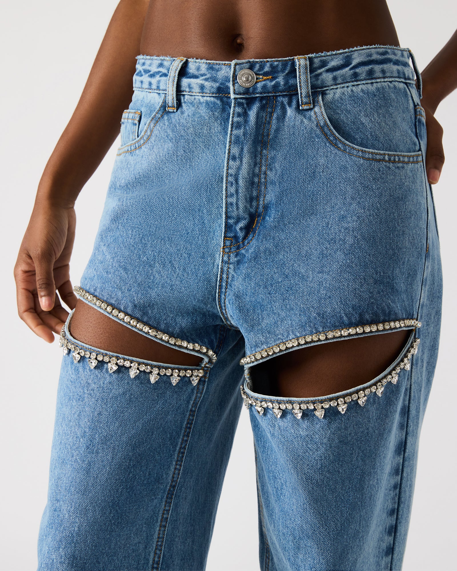 Front view of Taylor high-rise wide-leg jeans in black, showcasing rhinestone details