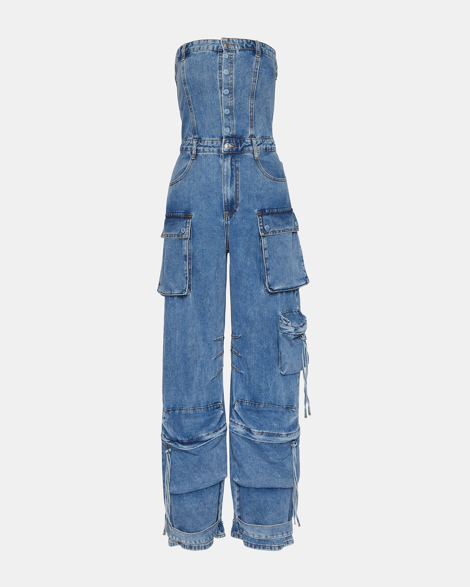 Close-up of the strapless denim jumpsuit showing cargo pockets and zipper details