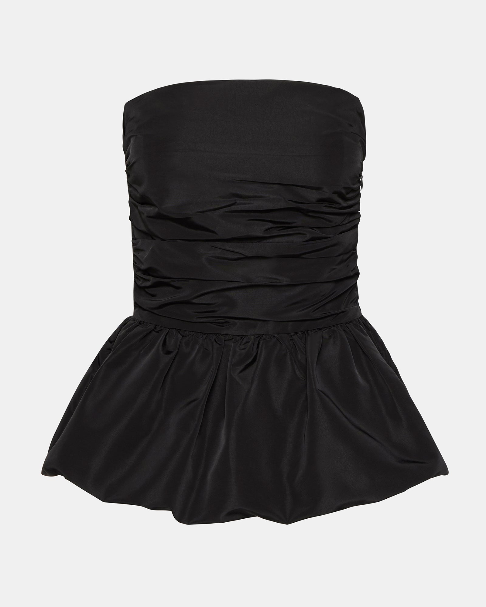 Front view of the chic peplum bubble hem top in black, showcasing its elegant design.