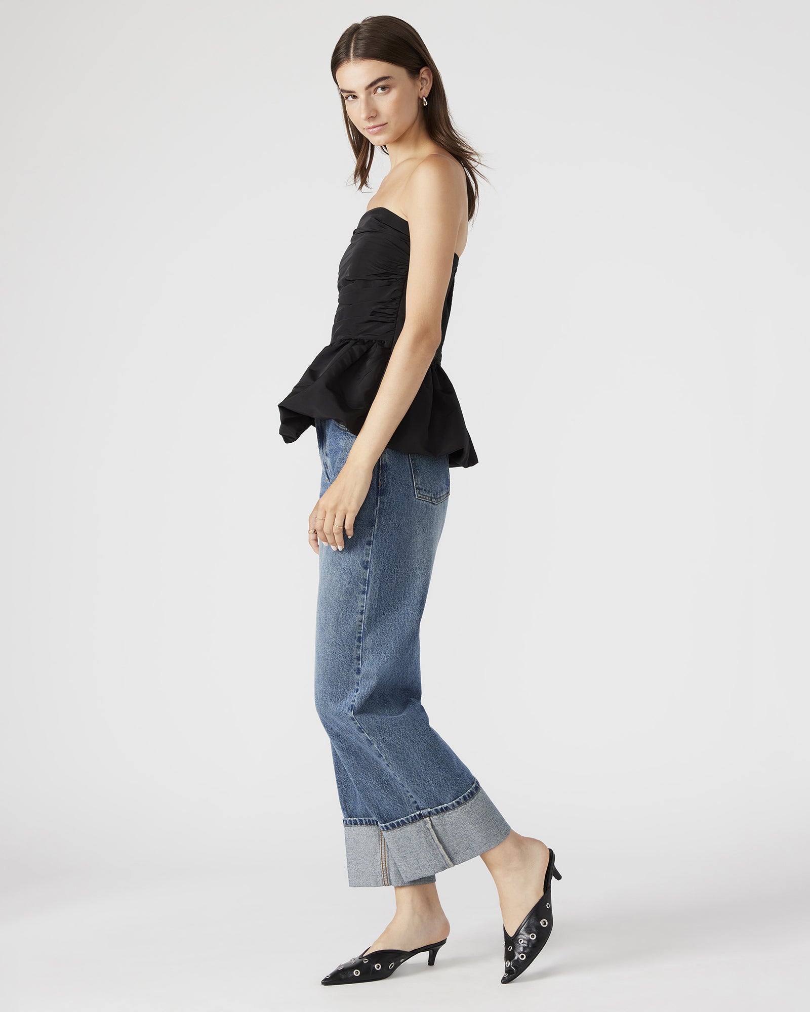 Side angle of the strapless top dress, highlighting the bubble hem detail.