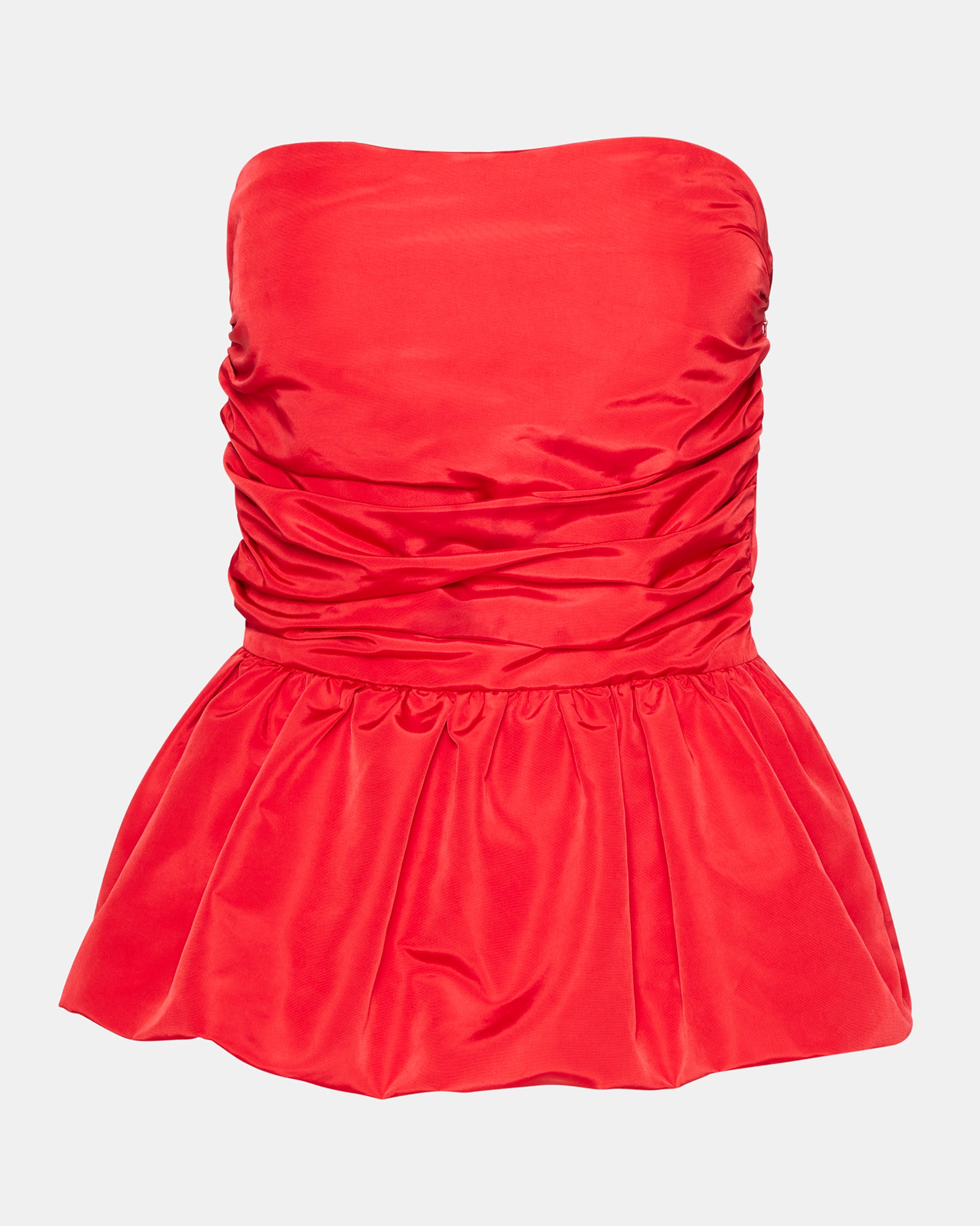Front angle of white strapless top showing bubble hem and soft peplum detail