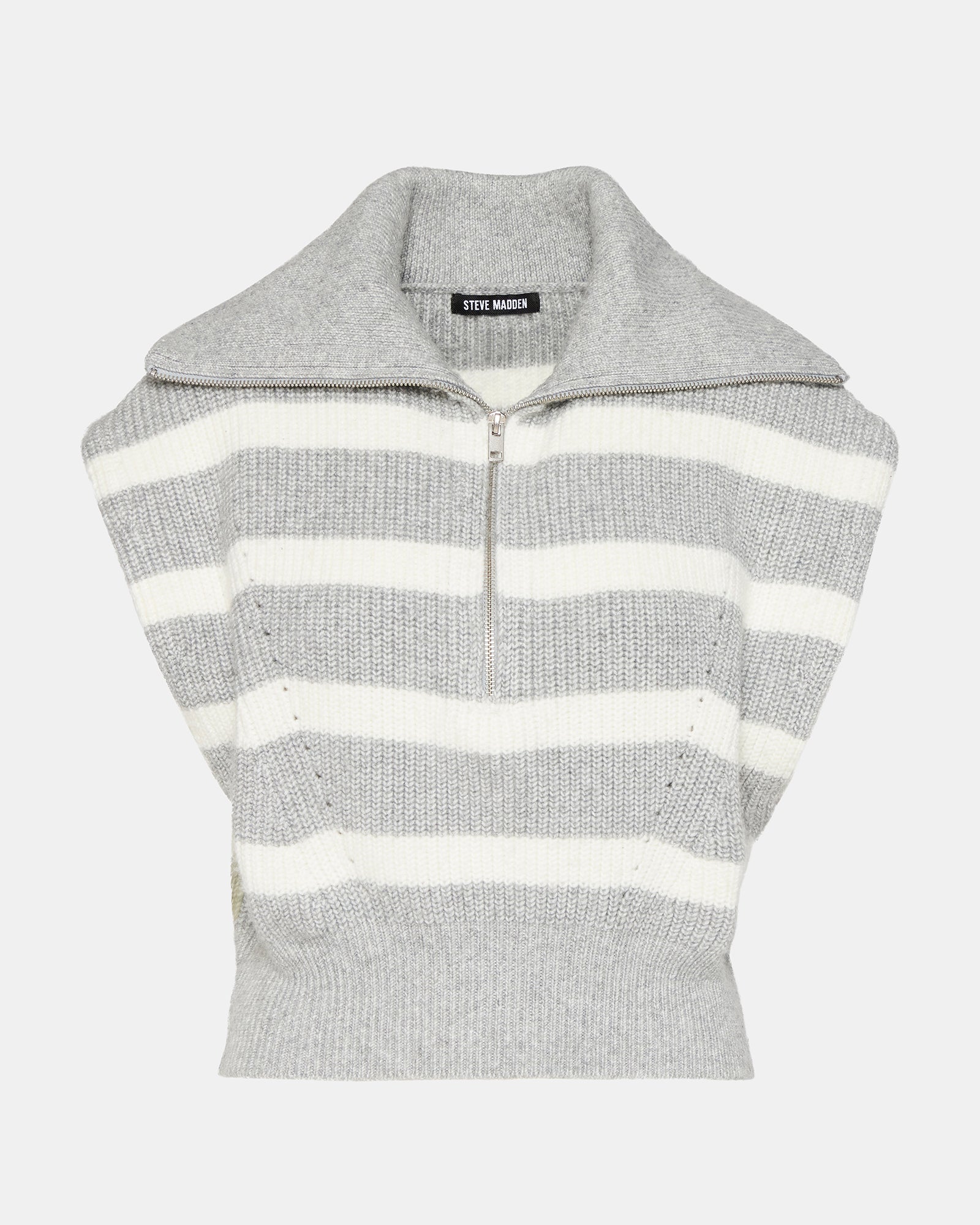 Front view of grey fashion sweater with hood and wide collar worn by model.