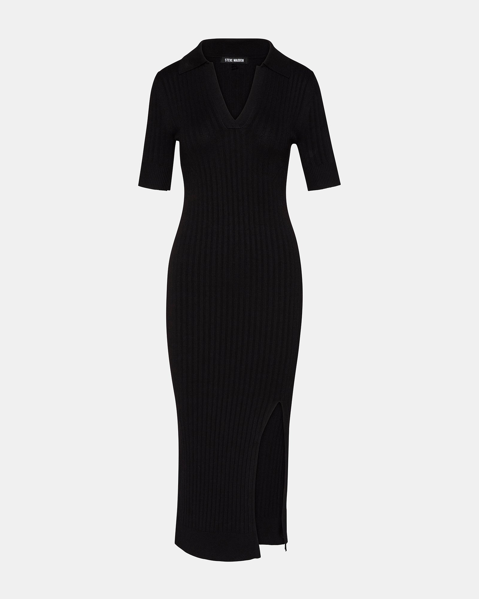 Model walking confidently in a black dress with a front slit, ideal for formal occasions.
