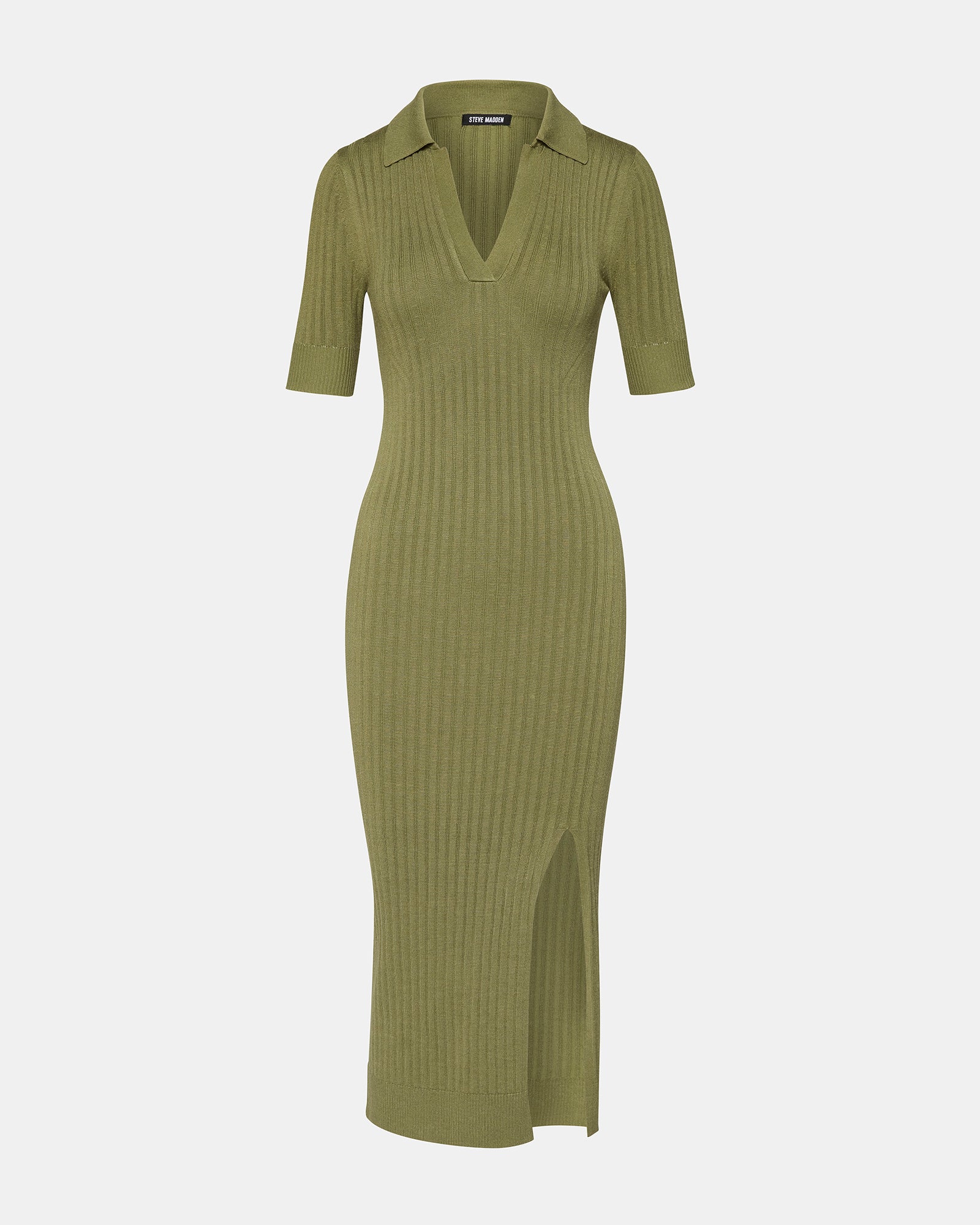 Olive green short sleeve dress displayed in a bright setting.