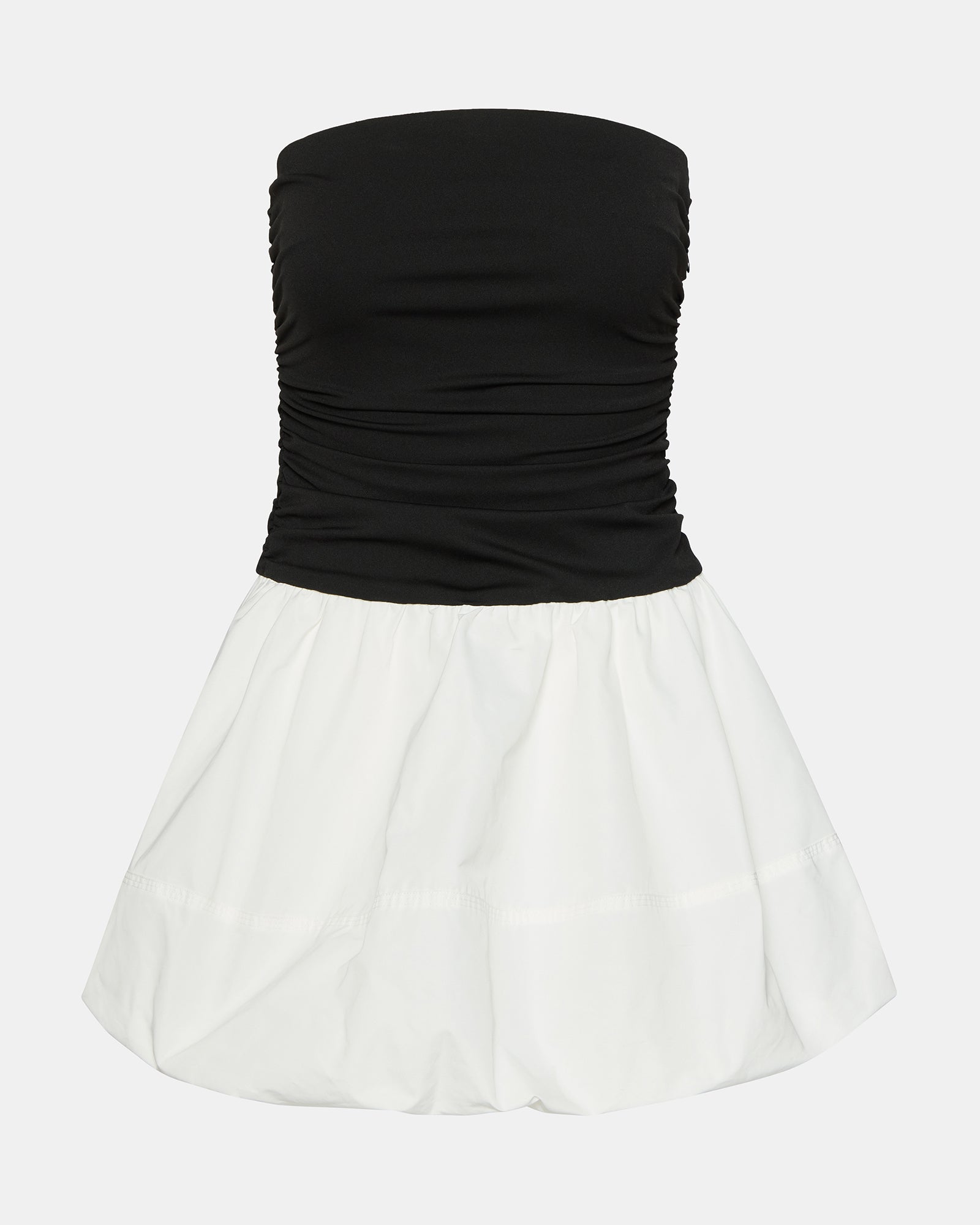 Back view of the Amari strapless mini dress, emphasizing the elegant design and side zip.