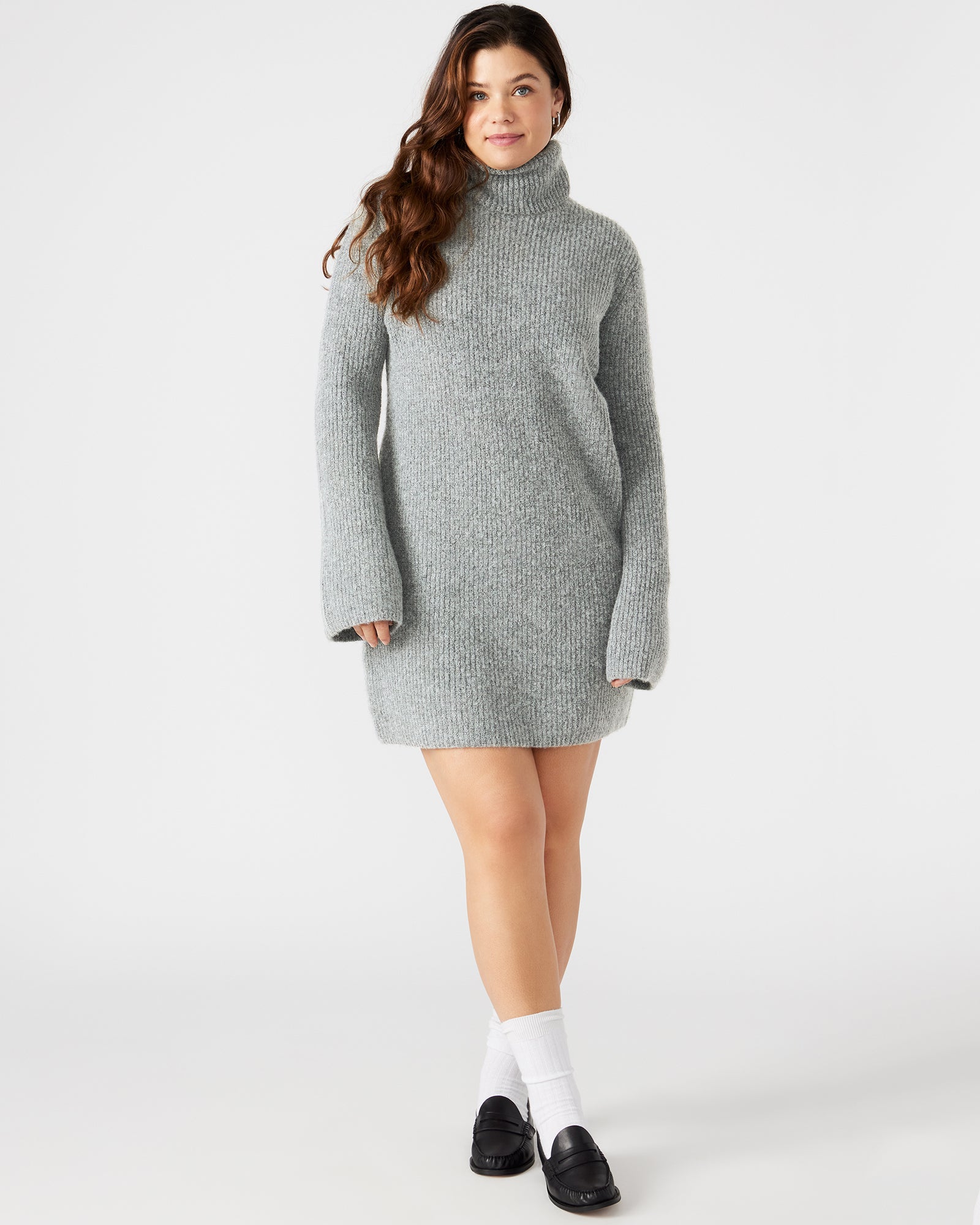 Front view of grey turtleneck mini sweater dress, ideal for casual outings.