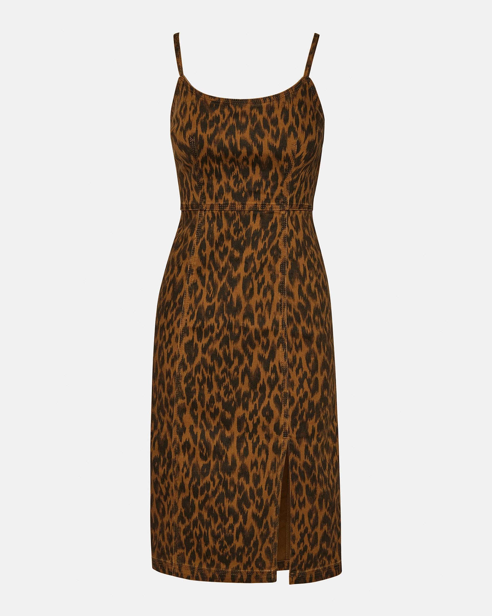 Back view of Giselle leopard dress highlighting the exposed zip closure.