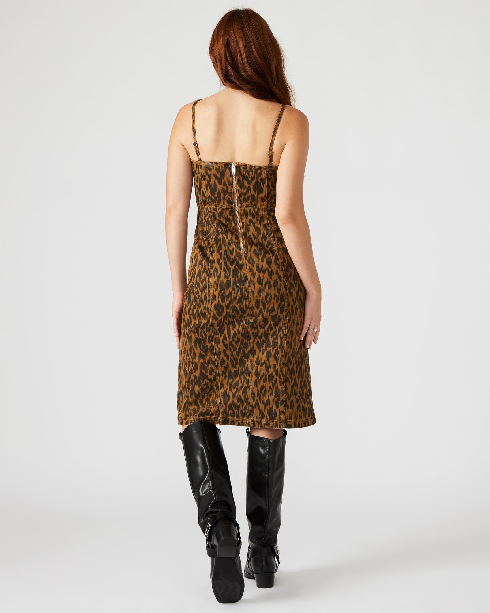 Front view of Giselle leopard midi dress showcasing adjustable straps.