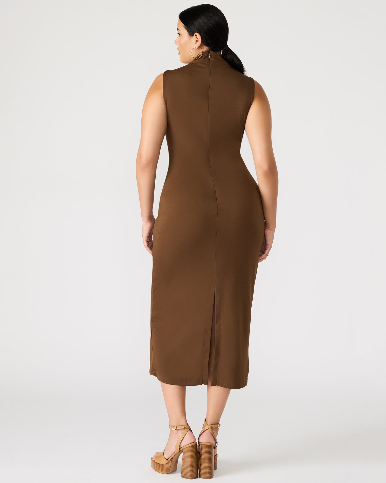 Elegant brown mock neck midi dress displayed on a mannequin.