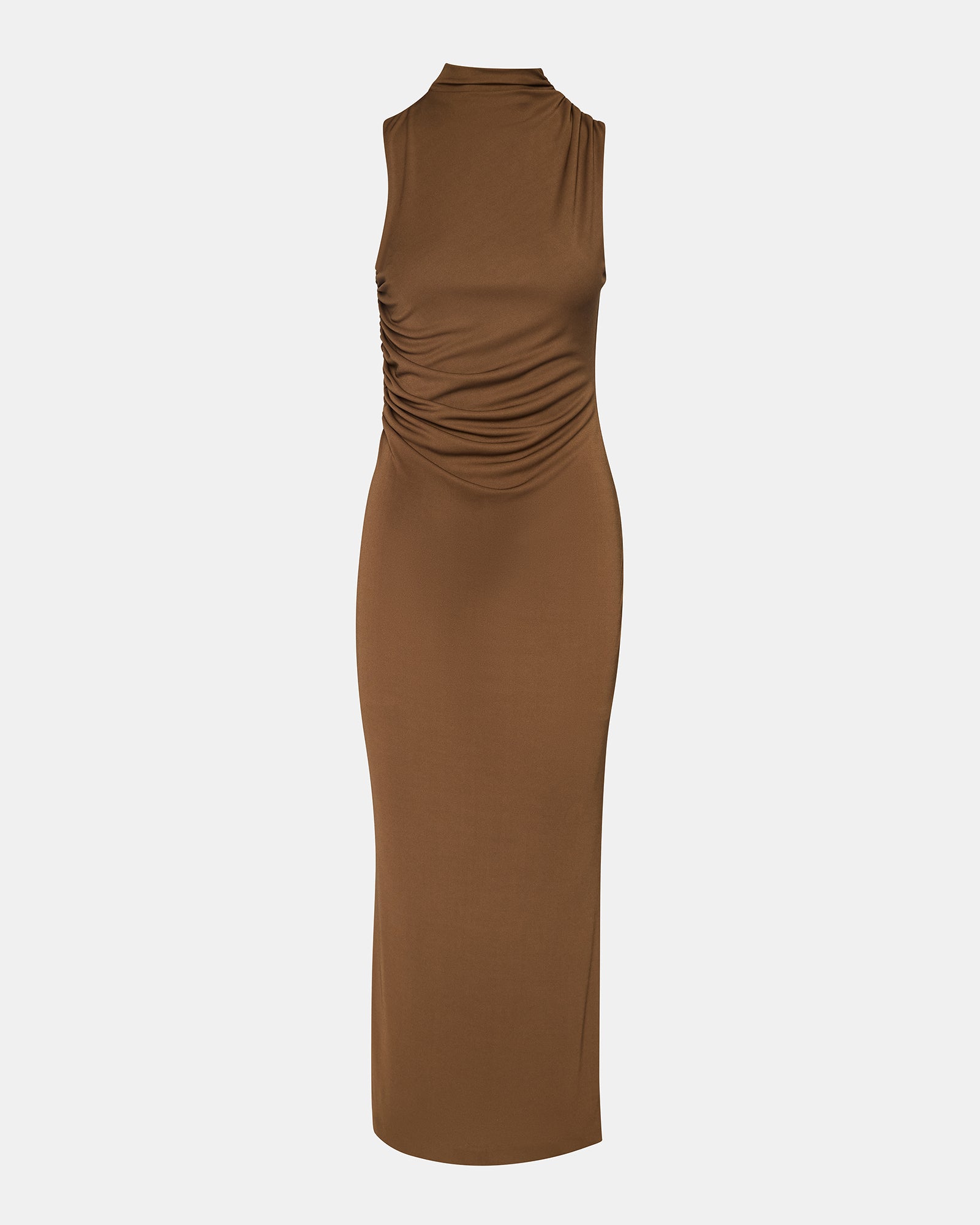 Close-up of the back zipper closure on the brown midi dress.
